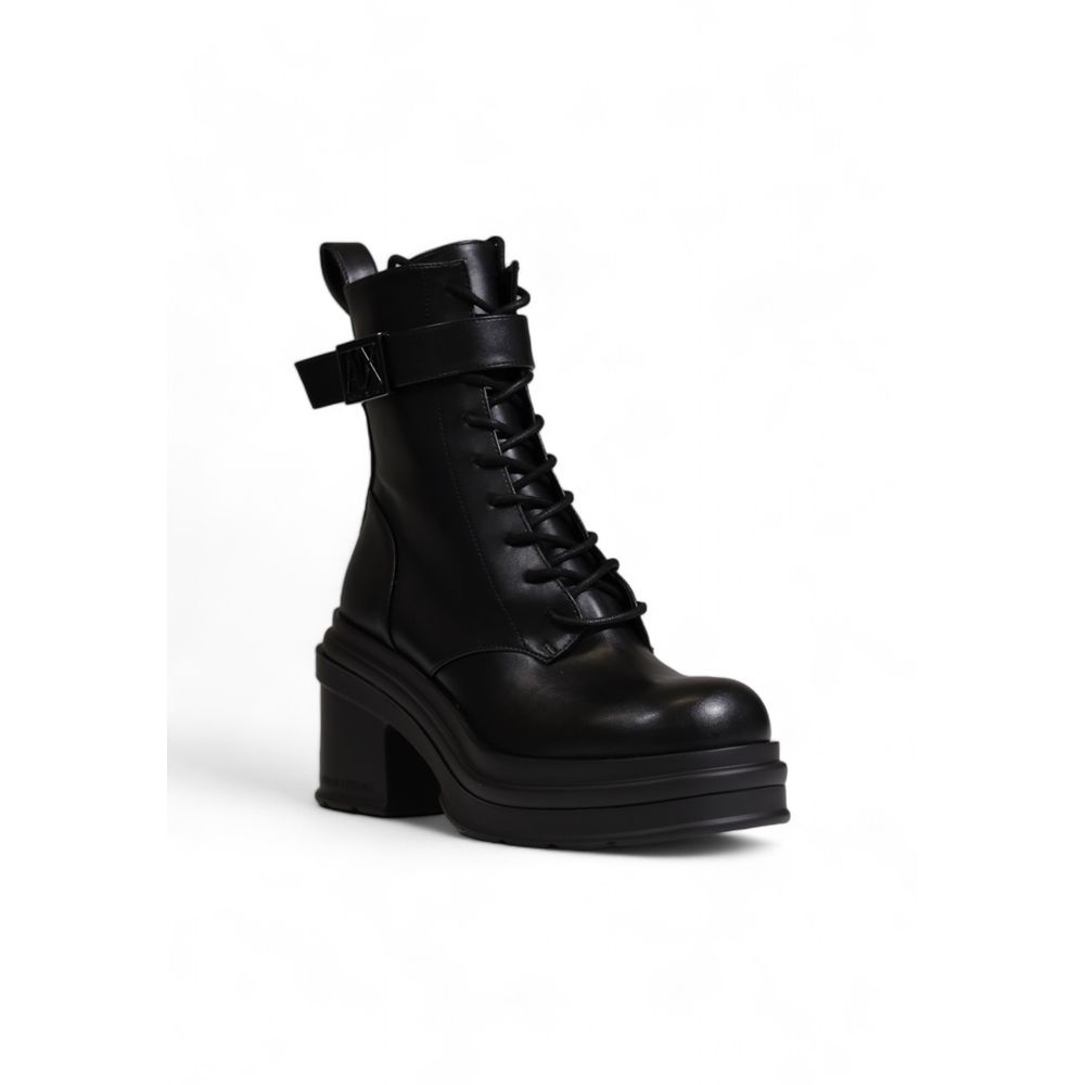 Black Polyester Lace-Up Boots