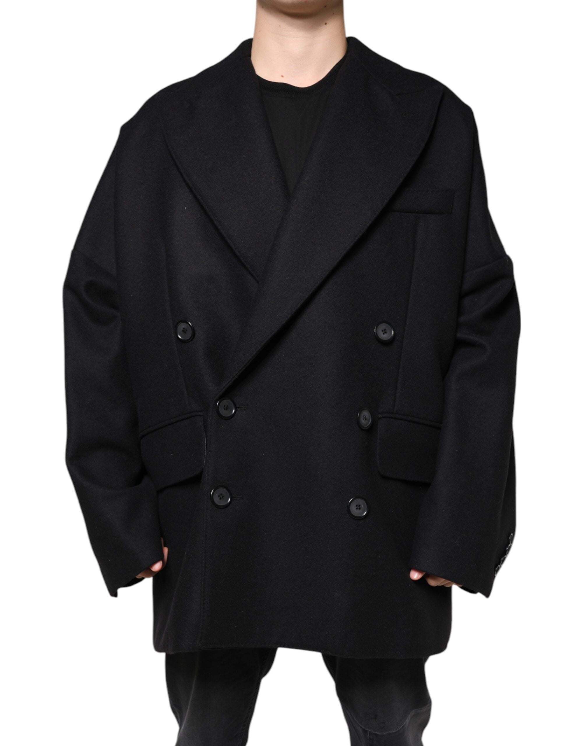 Black Wool Double Breasted Men Coat Jacket - ventzia