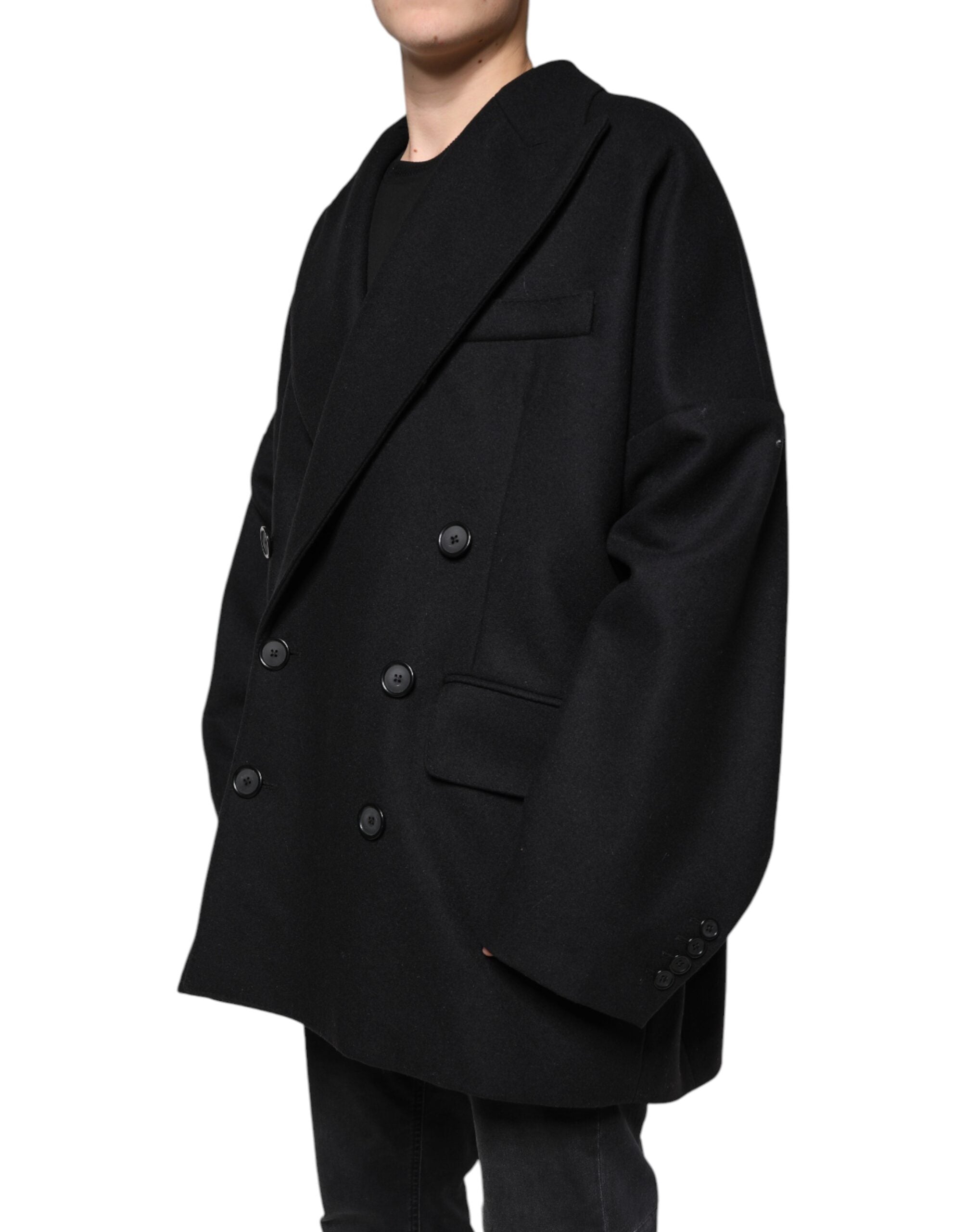 Black Wool Double Breasted Men Coat Jacket - ventzia