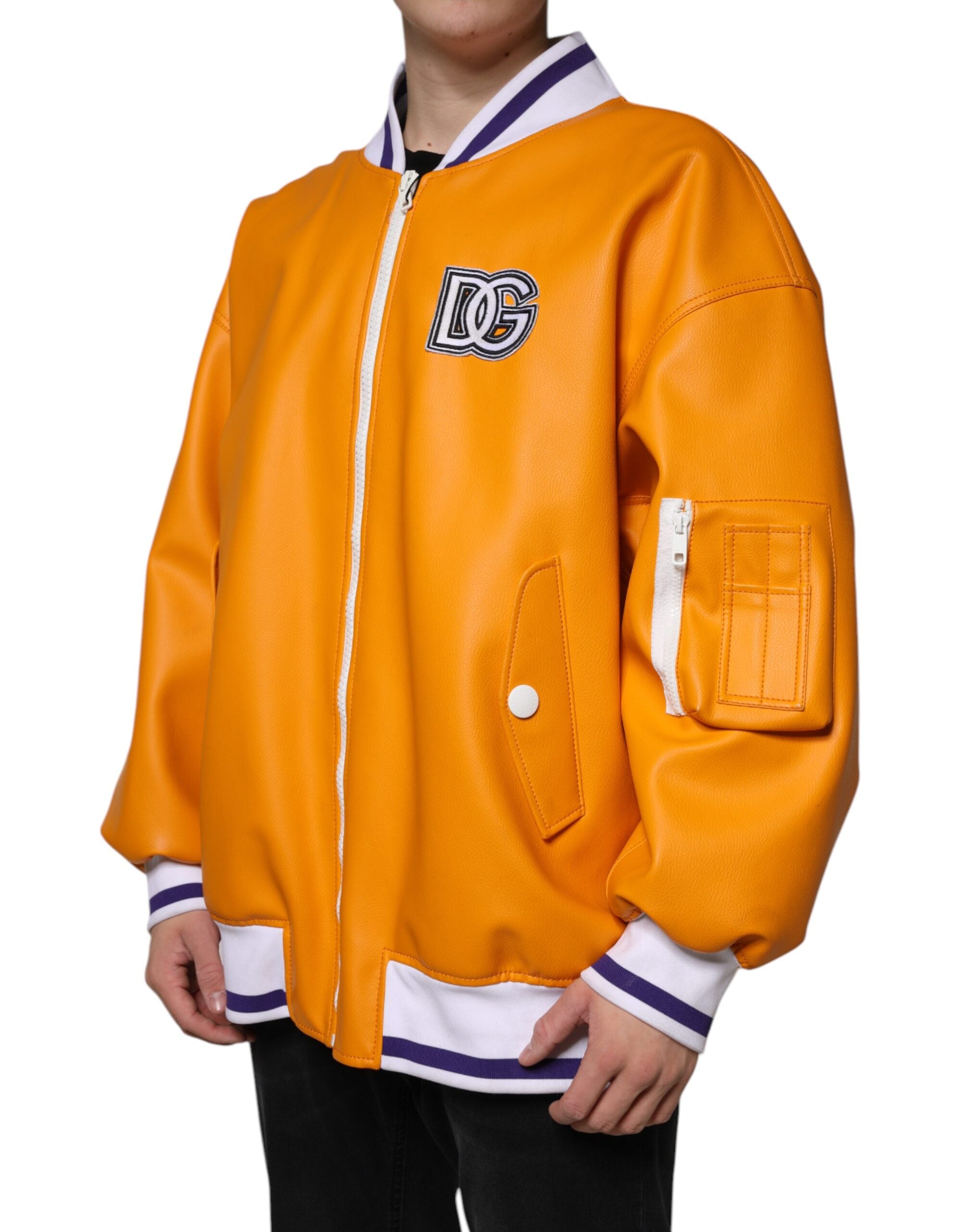 Orange White Full Zip Jersey Bomber Jacket - ventzia