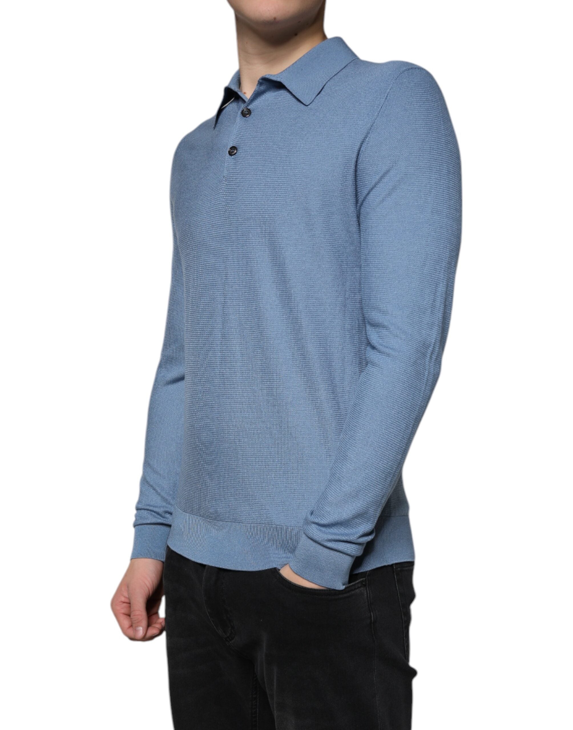 Sky Blue Silk Collared Men Pullover Sweater - ventzia