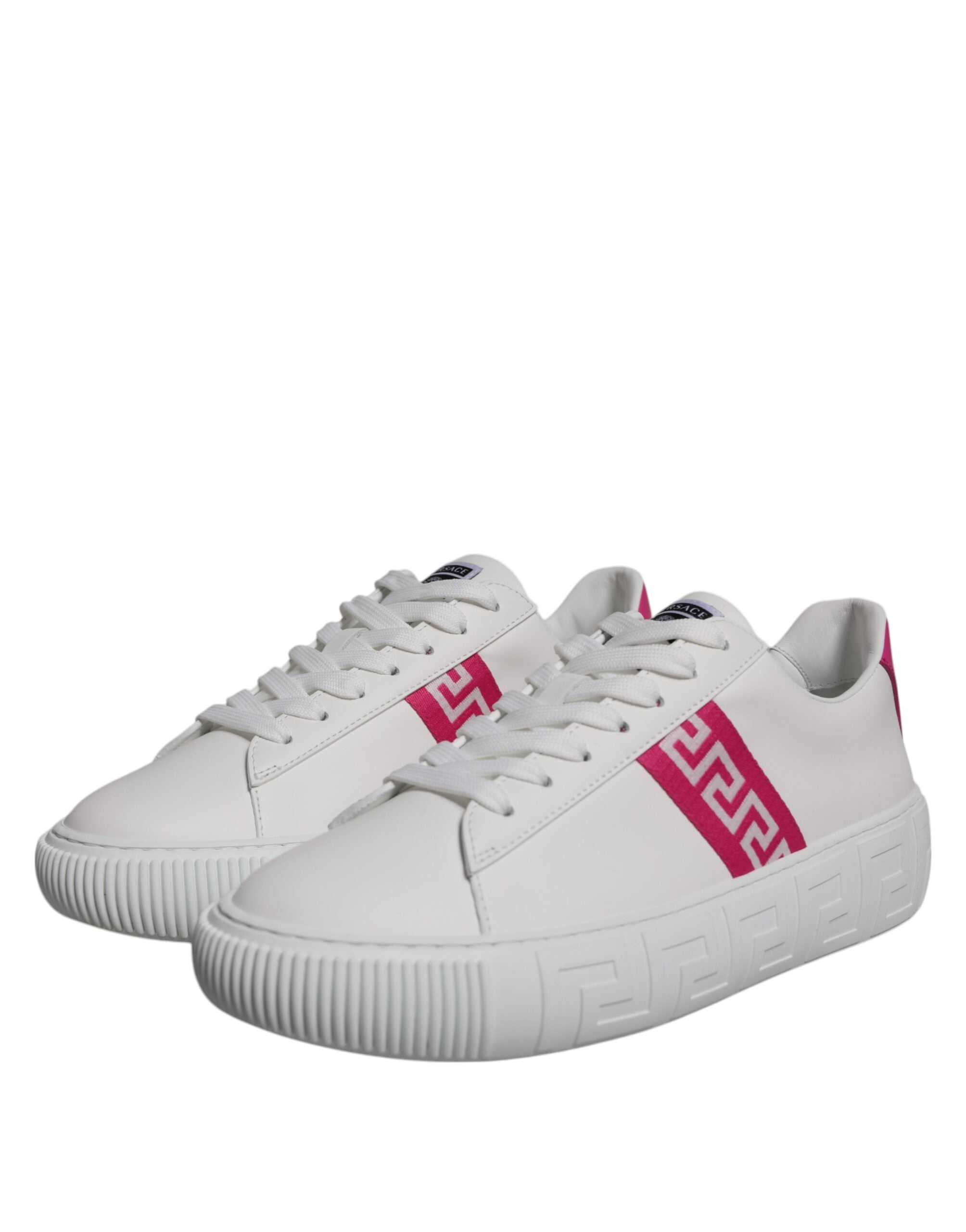 White Pink Greca Print Platform Low Top Sneakers Shoes - ventzia