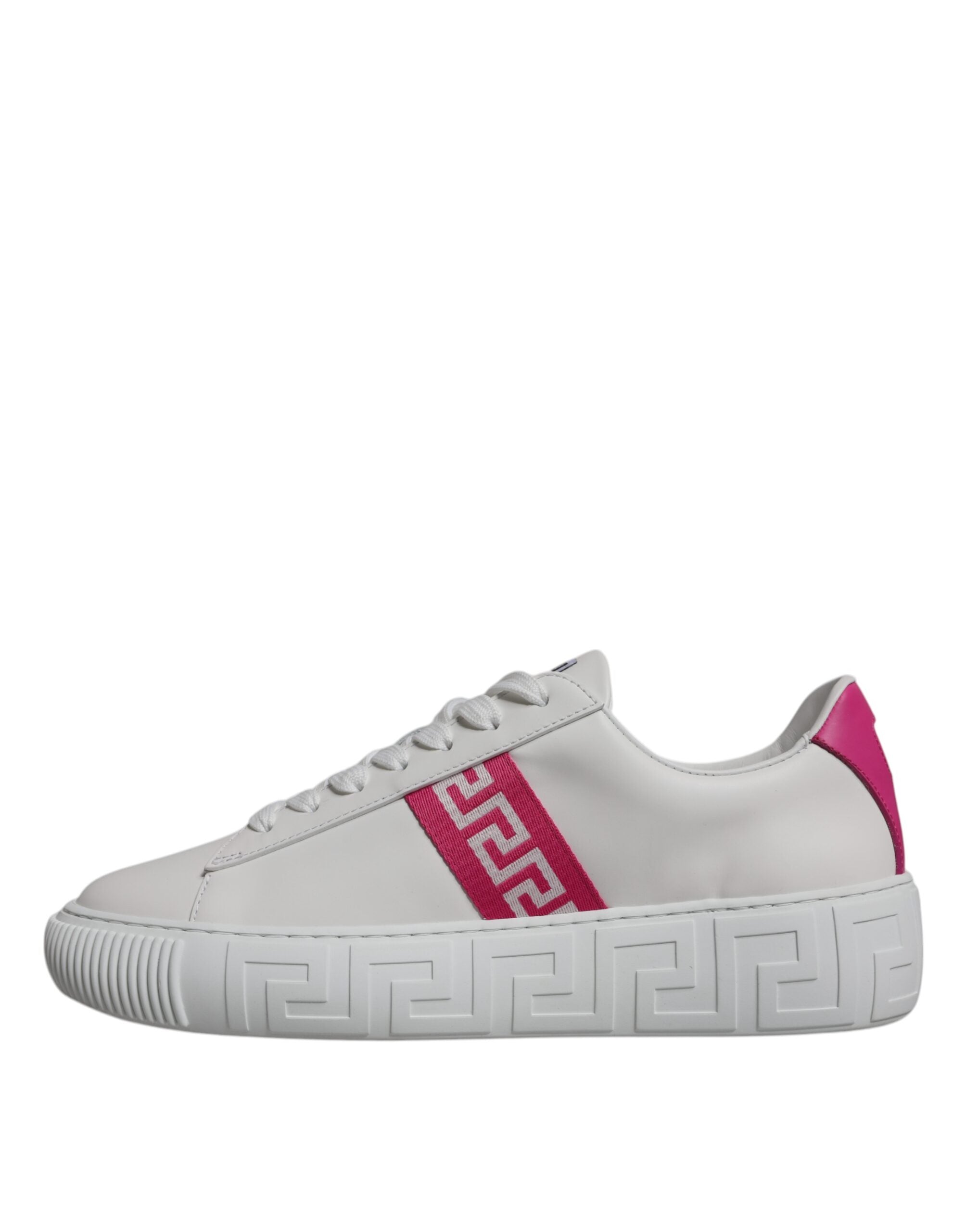 White Pink Greca Print Platform Low Top Sneakers Shoes - ventzia