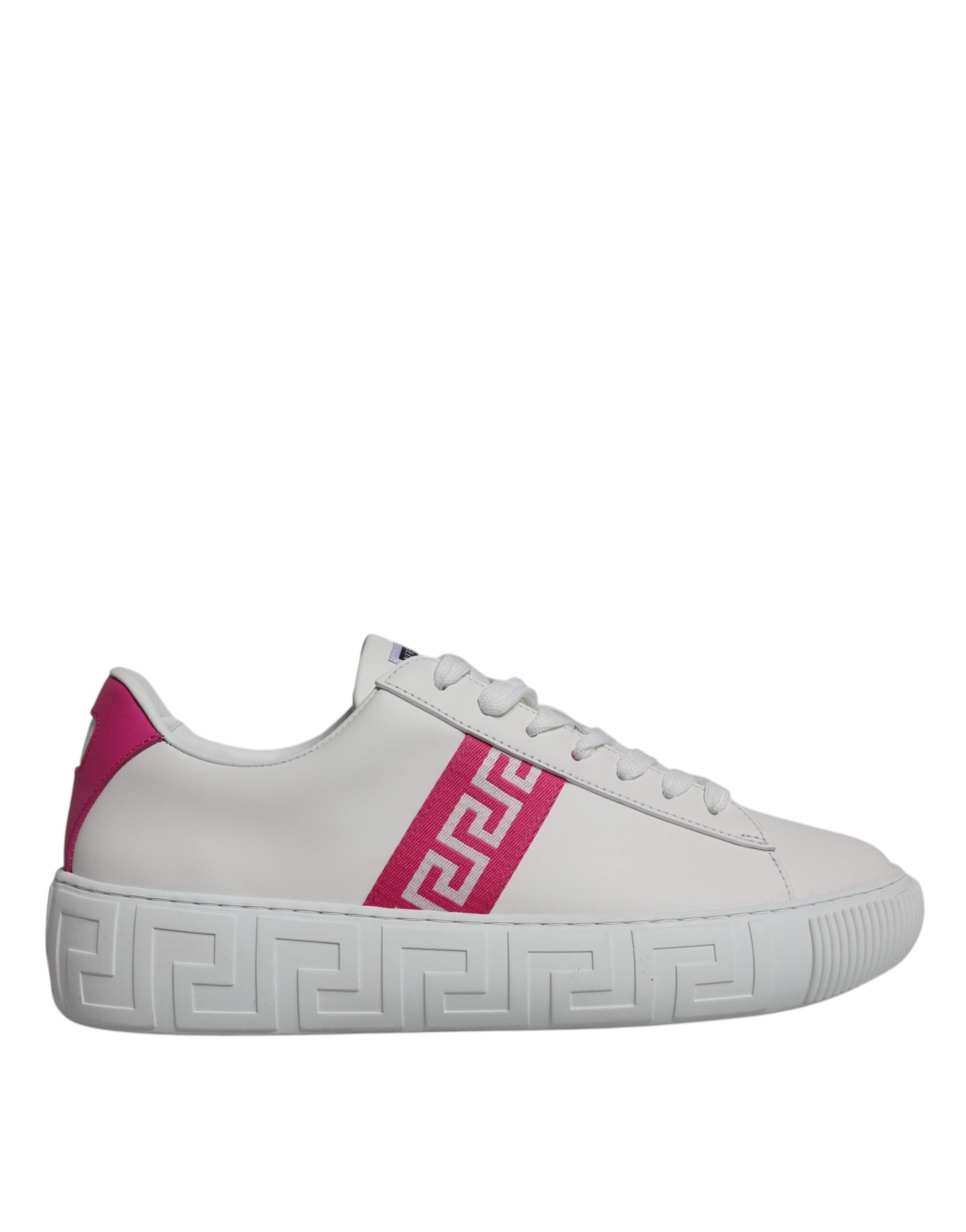 White Pink Greca Print Platform Low Top Sneakers Shoes - ventzia
