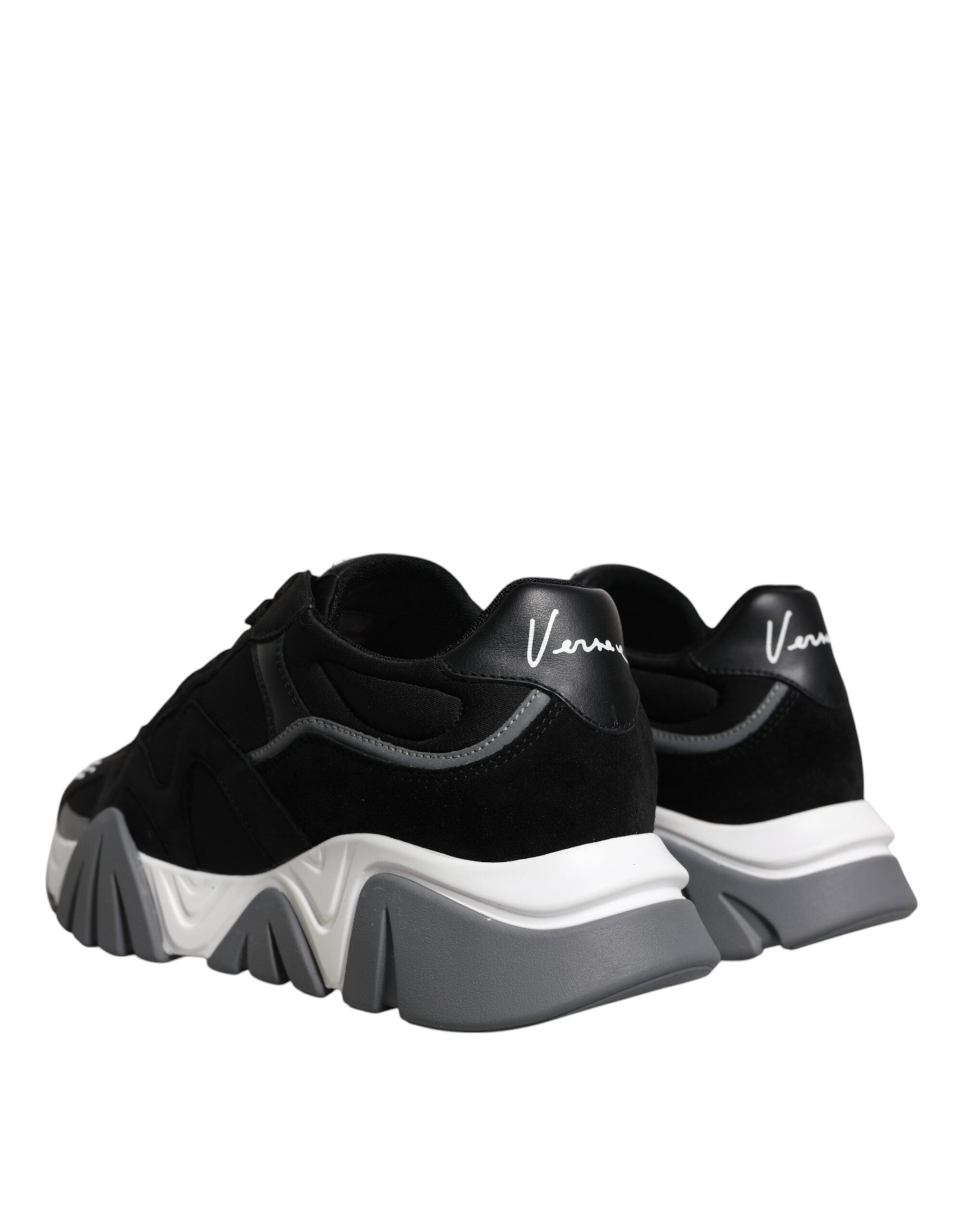Black Leather Neoprene Chunky Low Top Sneakers Squalo Shoes - ventzia
