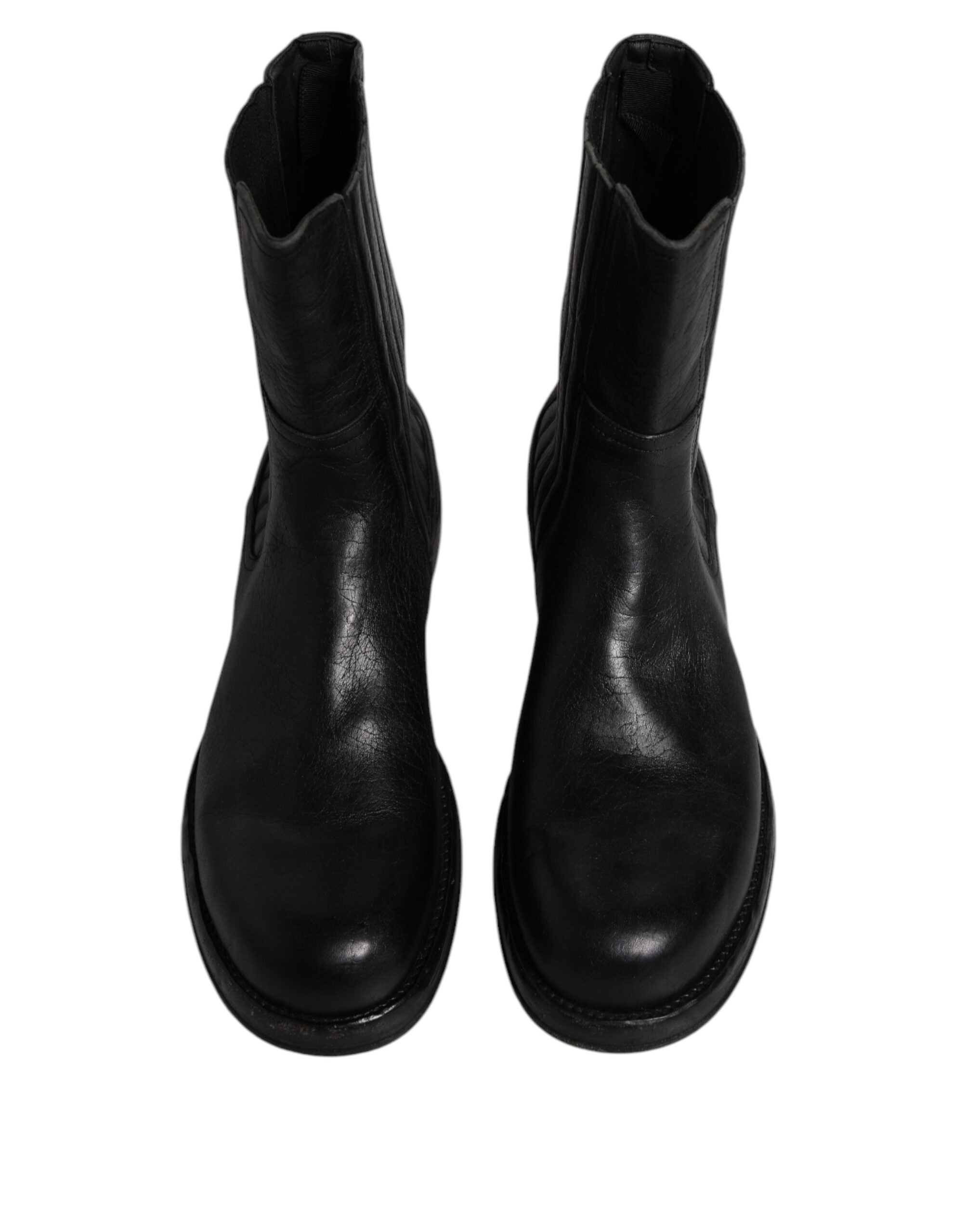 Black Horse Leather Mid Calf Boots Shoes - ventzia