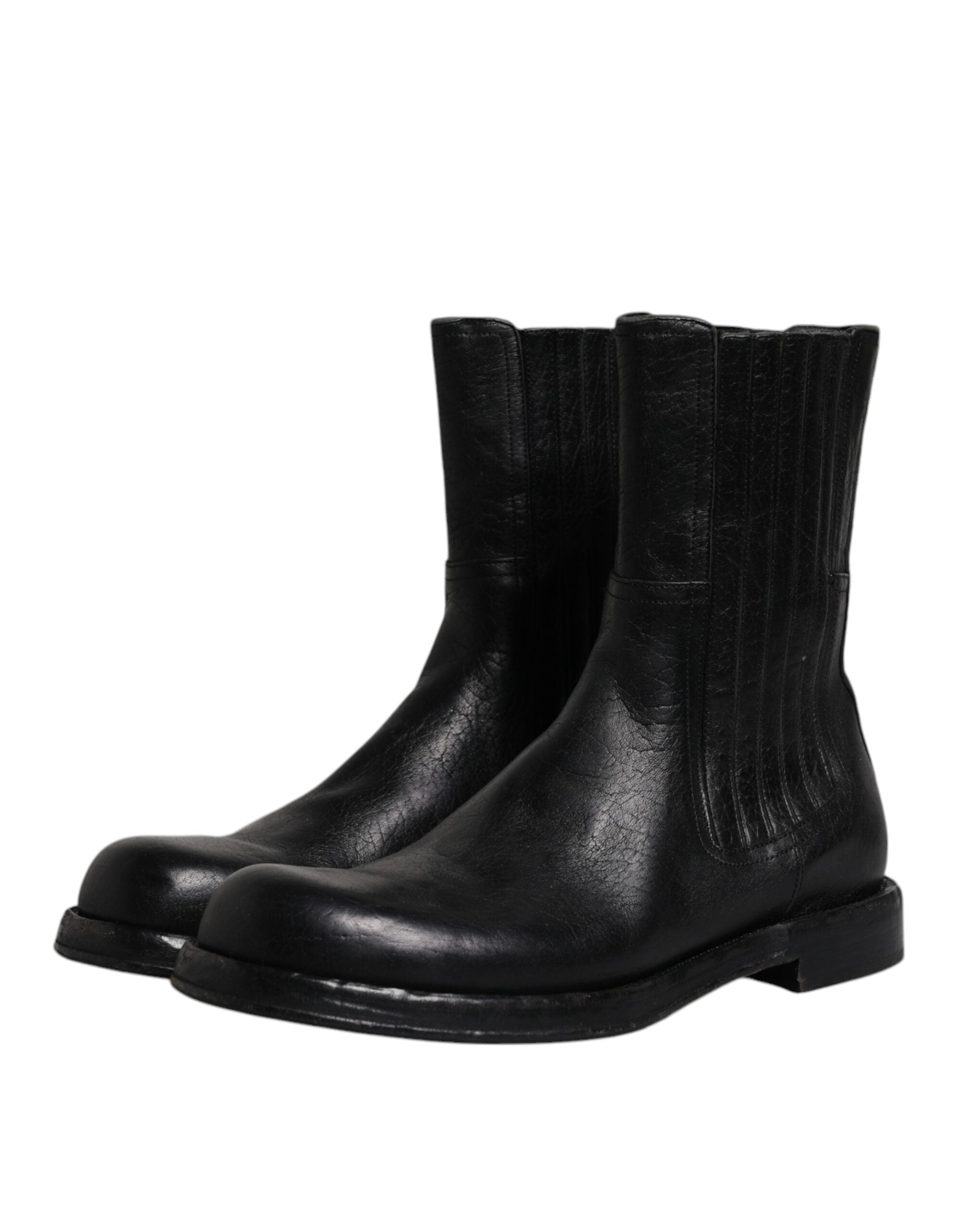 Black Horse Leather Mid Calf Boots Shoes - ventzia