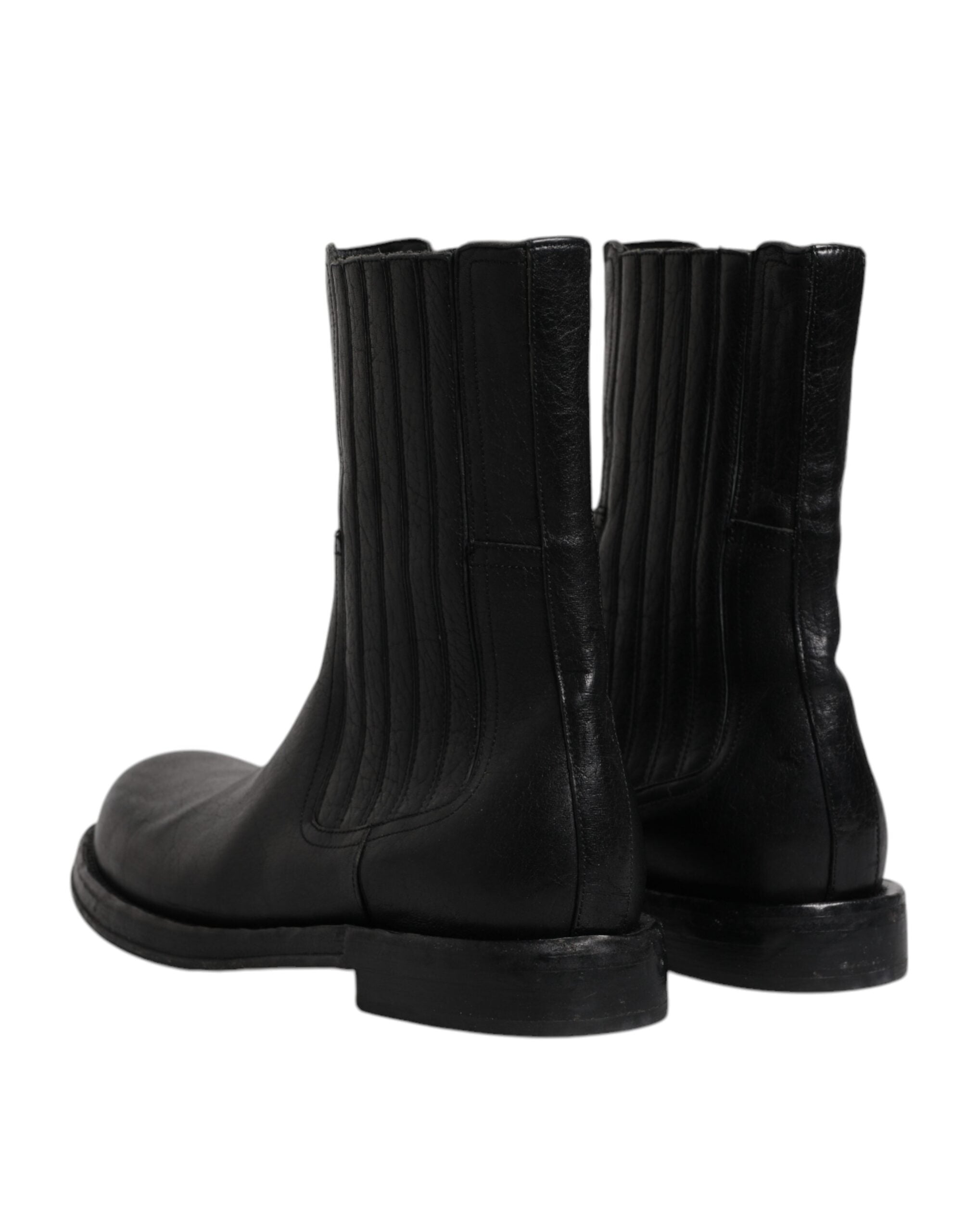 Black Horse Leather Mid Calf Boots Shoes - ventzia