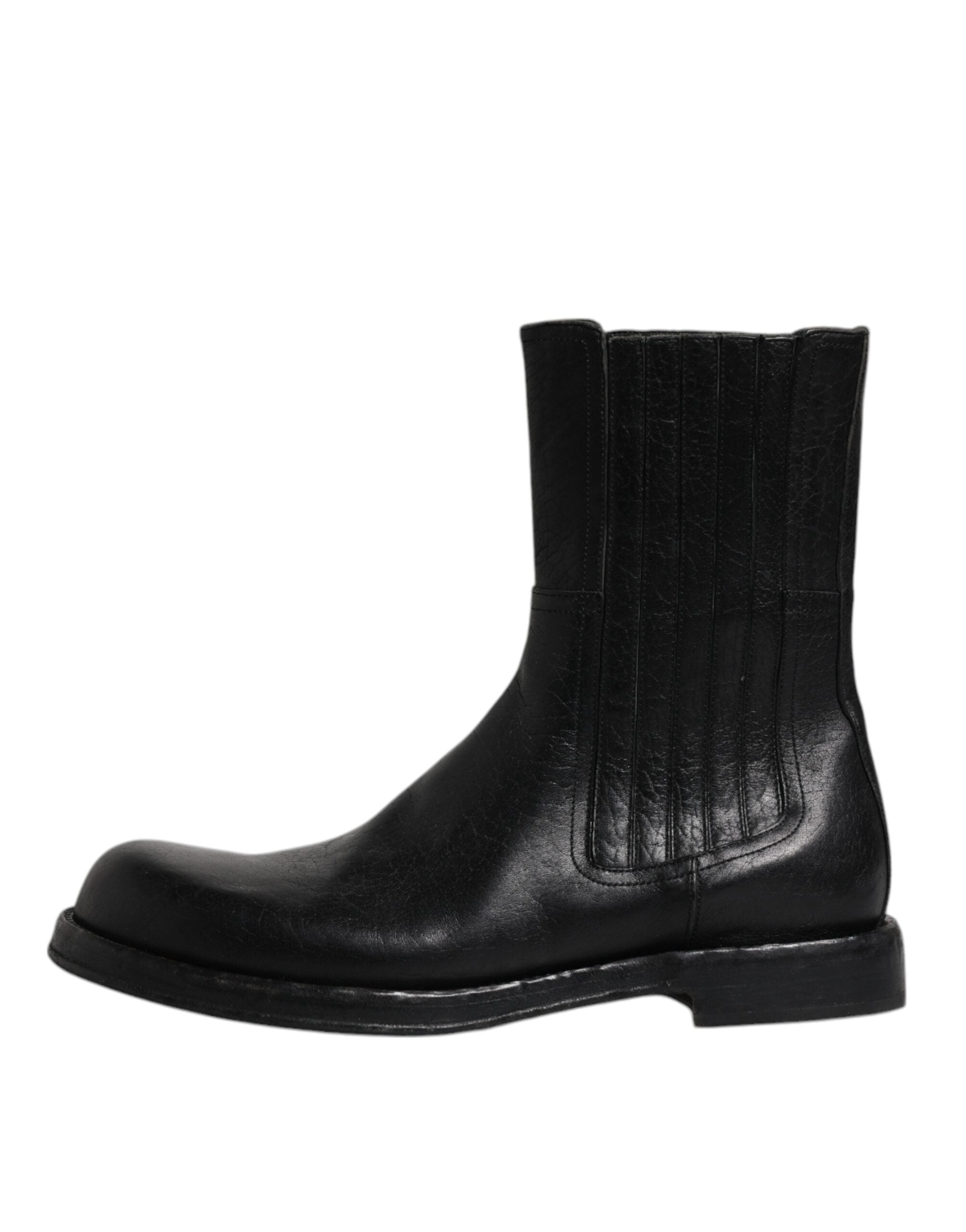 Black Horse Leather Mid Calf Boots Shoes - ventzia