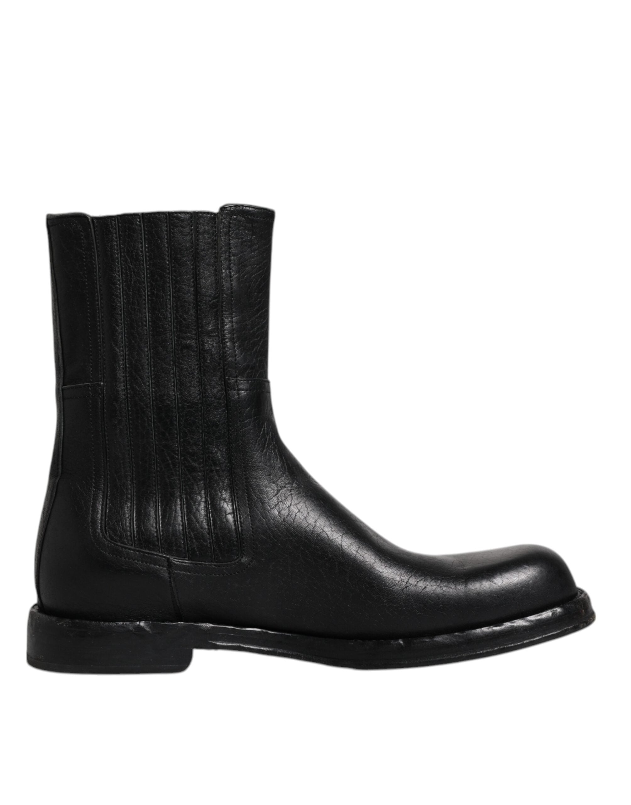 Black Horse Leather Mid Calf Boots Shoes - ventzia
