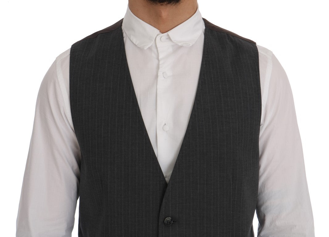 Elegant Striped Gray Waistcoat Vest - ventzia
