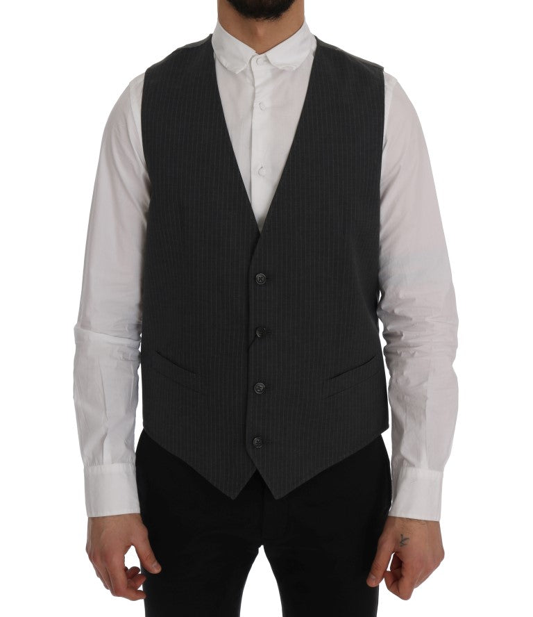Elegant Gray Striped Waistcoat Vest - ventzia