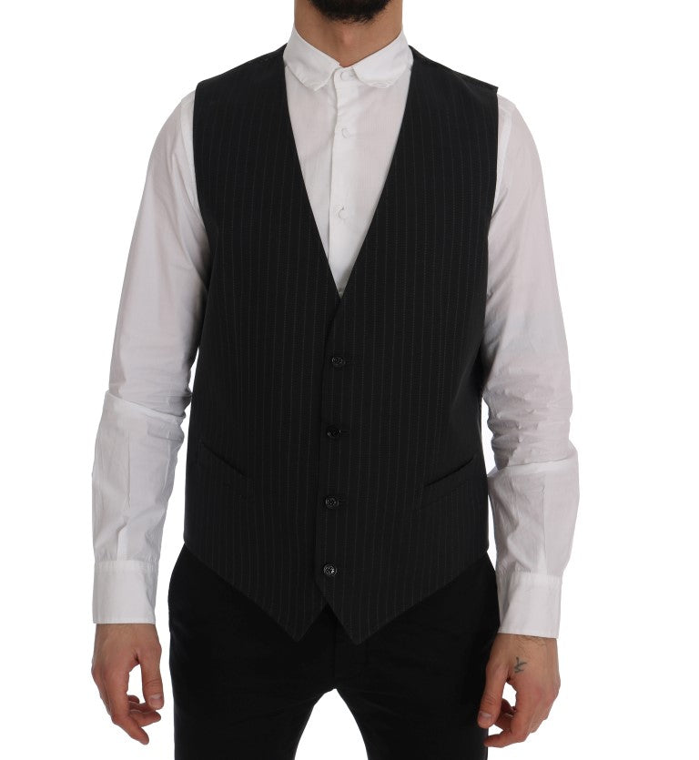 Elegant Gray Striped Men's Waistcoat Vest - ventzia