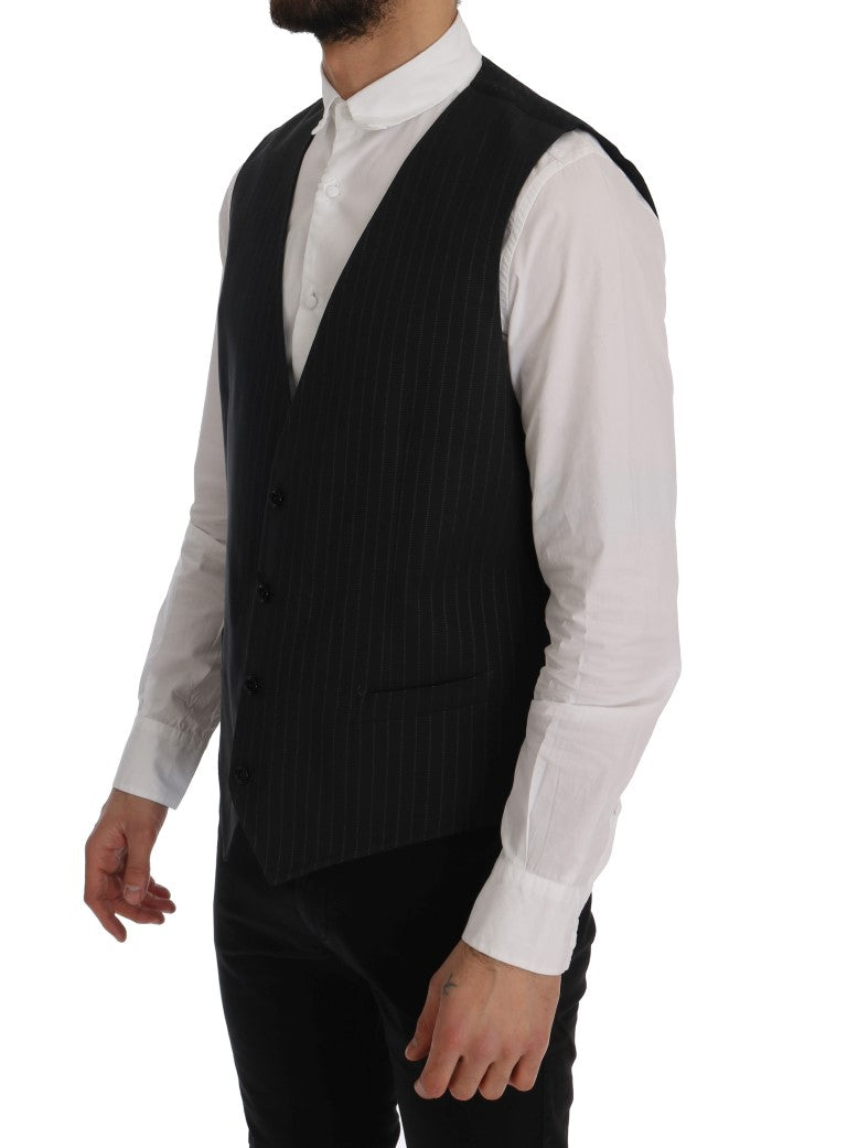 Elegant Gray Striped Men's Waistcoat Vest - ventzia