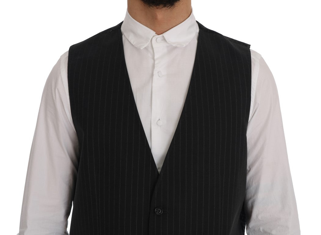 Elegant Gray Striped Men's Waistcoat Vest - ventzia