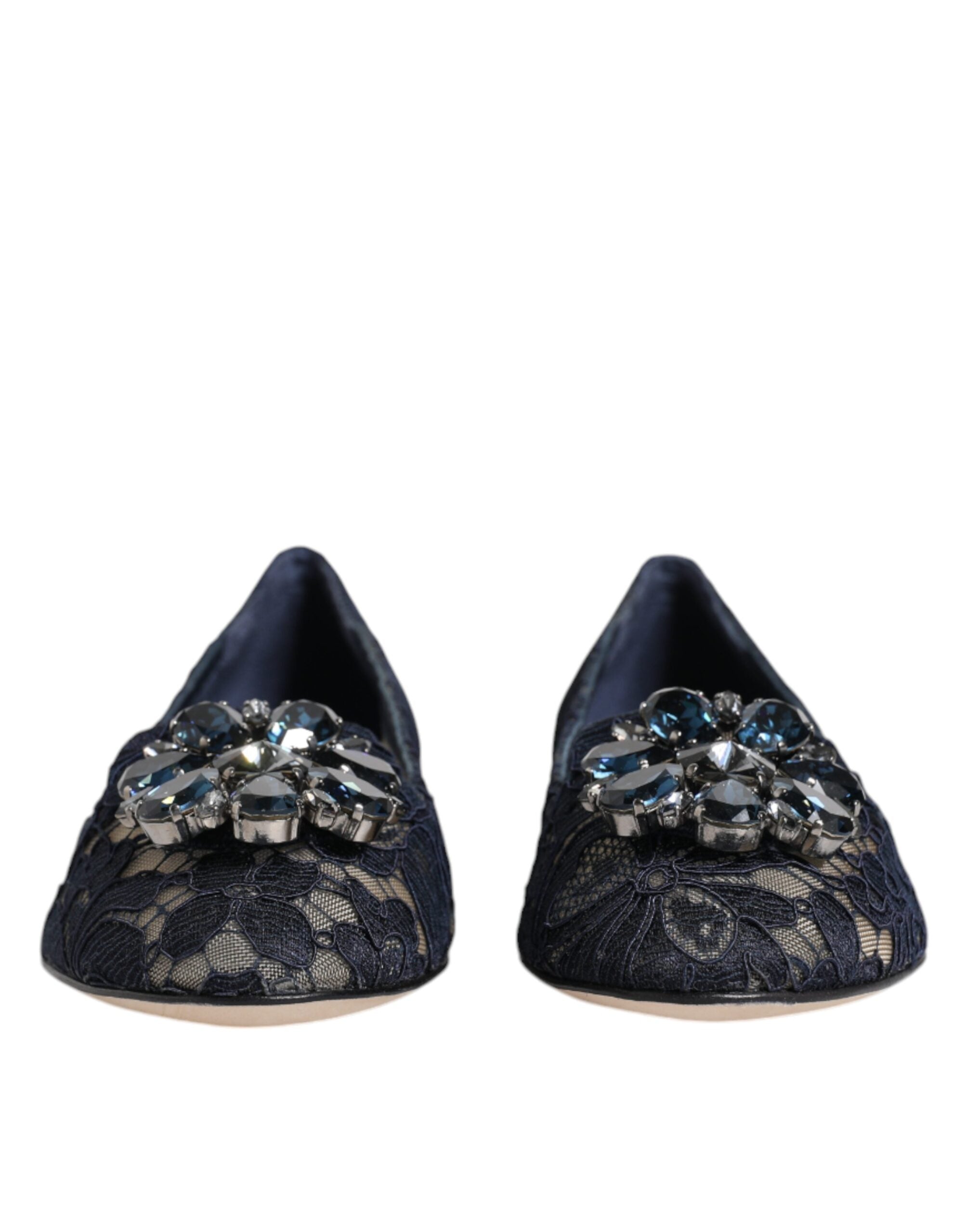 Blue Taormina Lace Crystals Flats Shoes - ventzia
