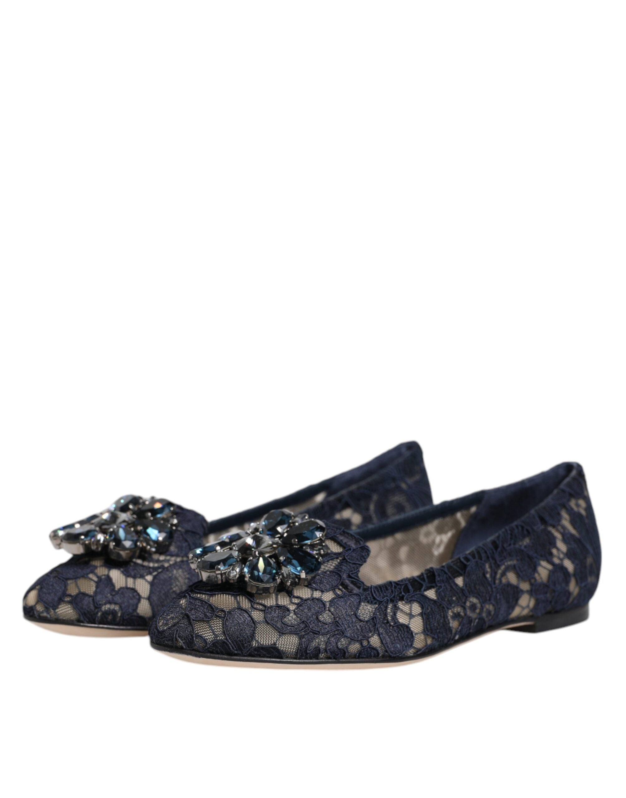 Blue Taormina Lace Crystals Flats Shoes - ventzia