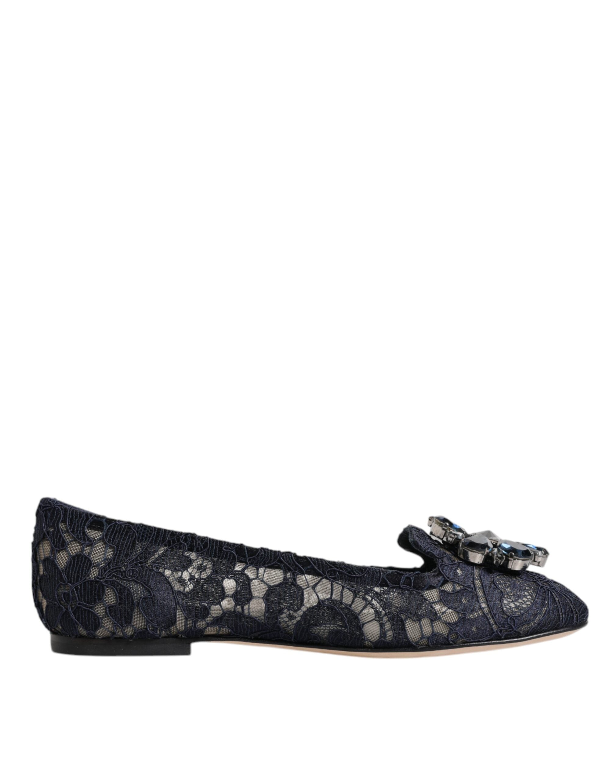 Blue Taormina Lace Crystals Flats Shoes - ventzia