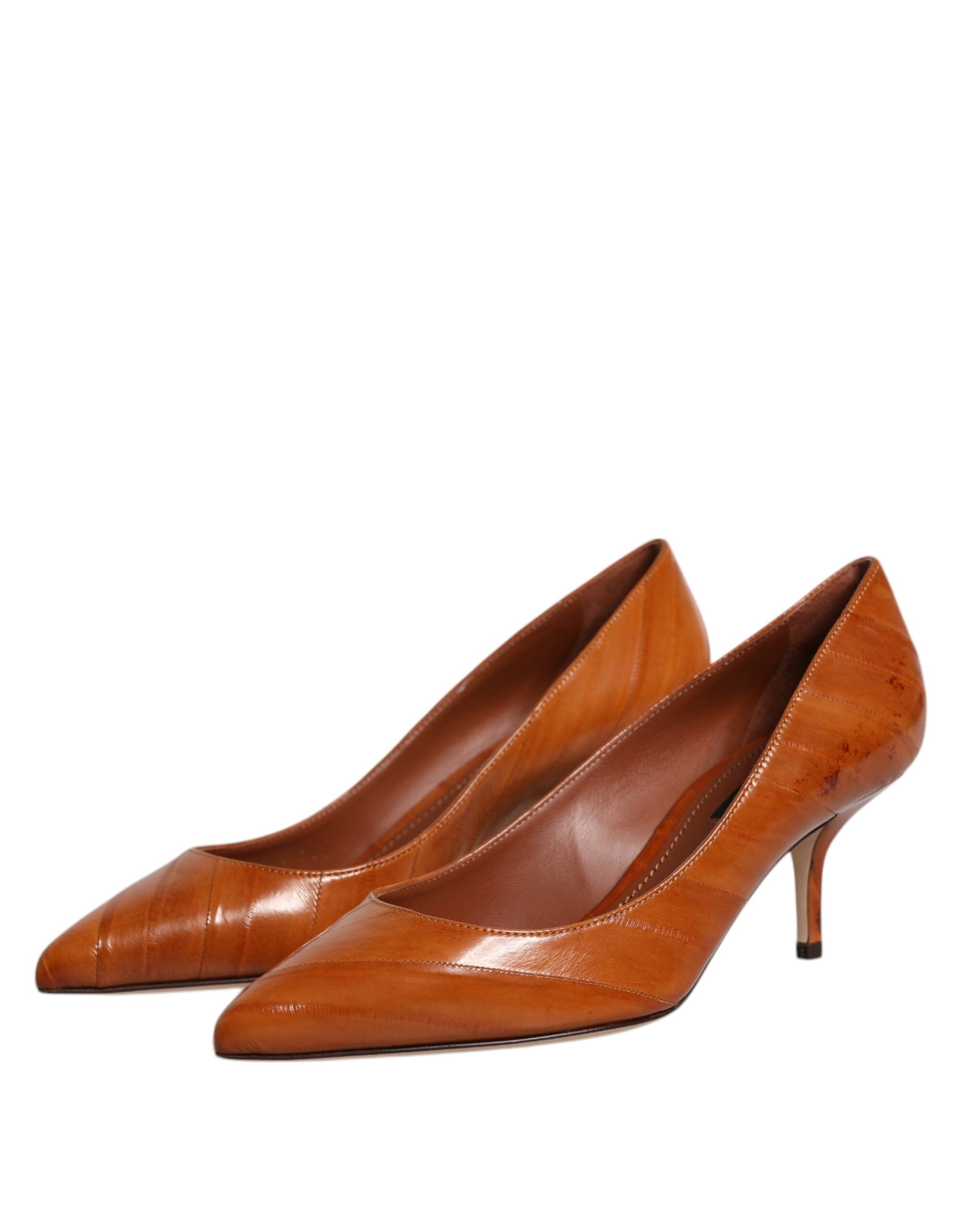 Brown Leather Kitten Heels Pumps Shoes - ventzia