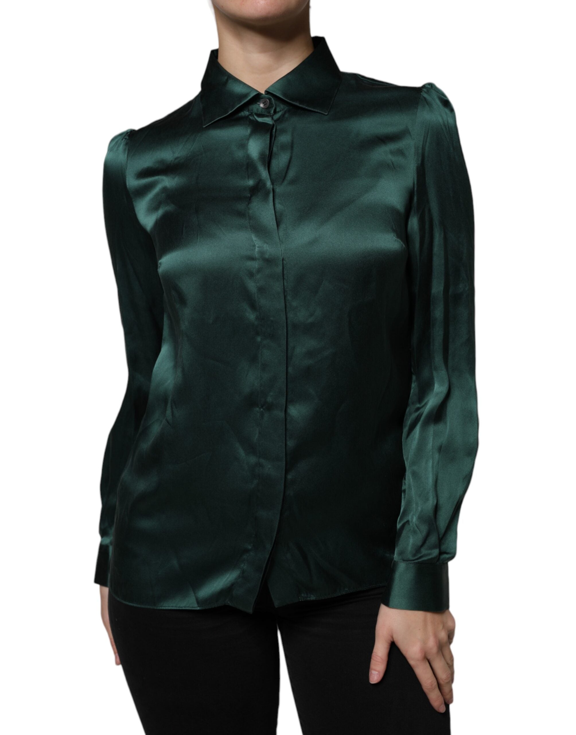 Dark Green Silk Button Down Long Sleeves Blouse Top - ventzia