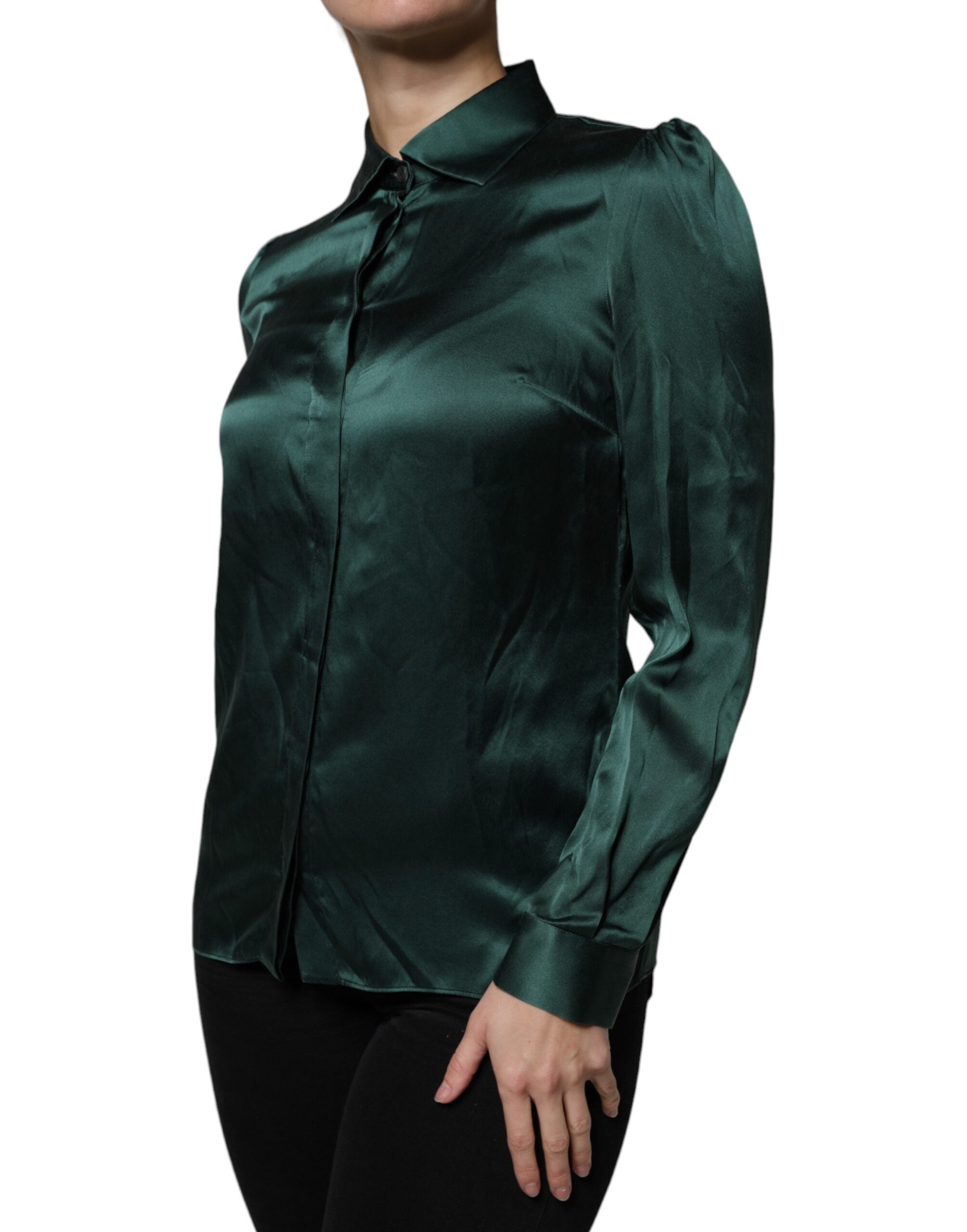 Dark Green Silk Button Down Long Sleeves Blouse Top - ventzia