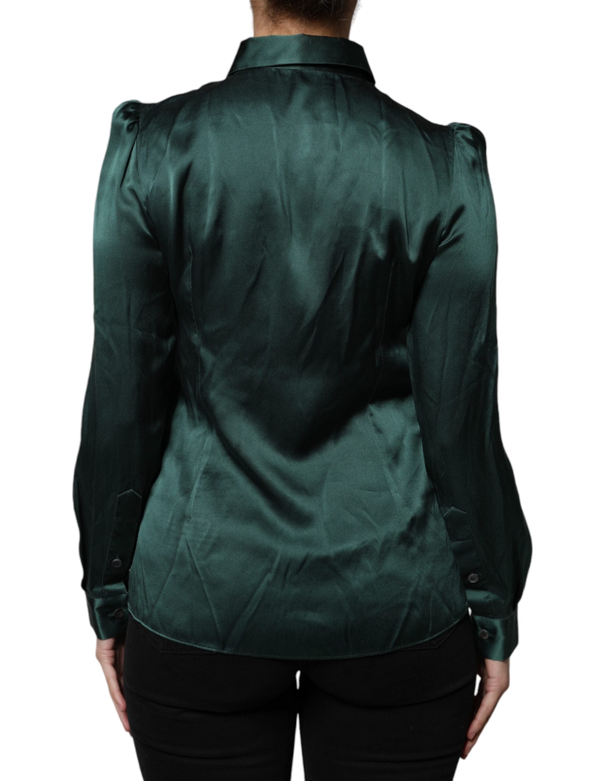 Dark Green Silk Button Down Long Sleeves Blouse Top - ventzia
