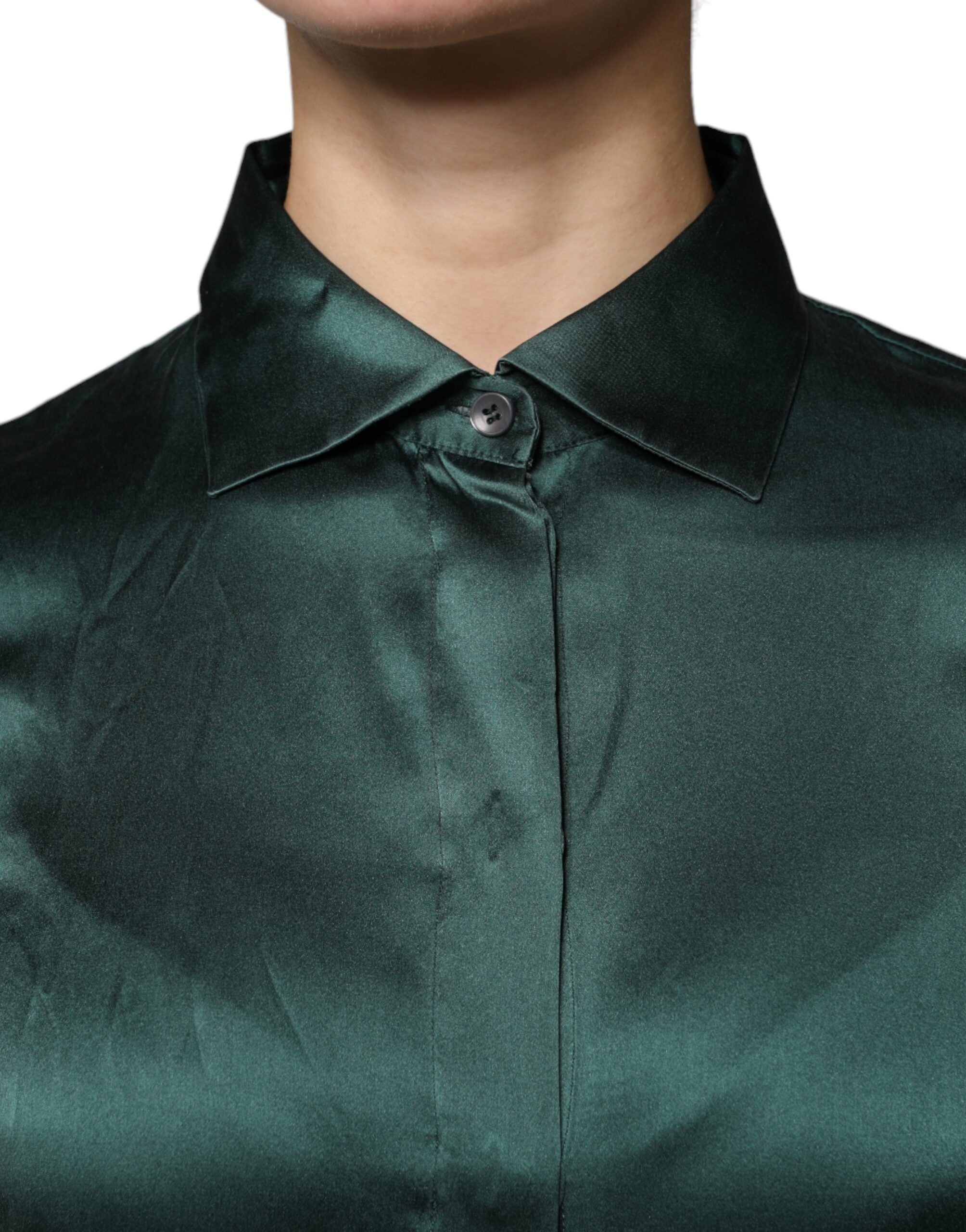 Dark Green Silk Button Down Long Sleeves Blouse Top - ventzia