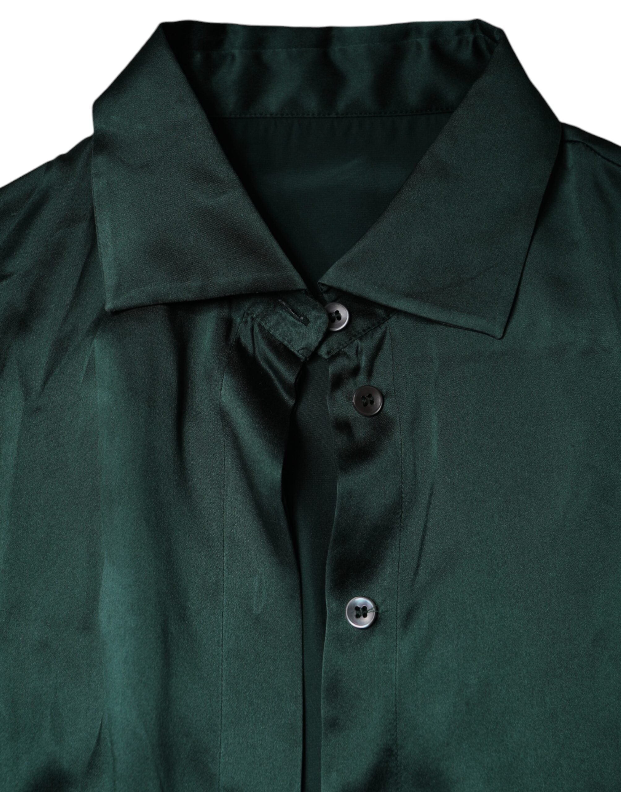 Dark Green Silk Button Down Long Sleeves Blouse Top - ventzia