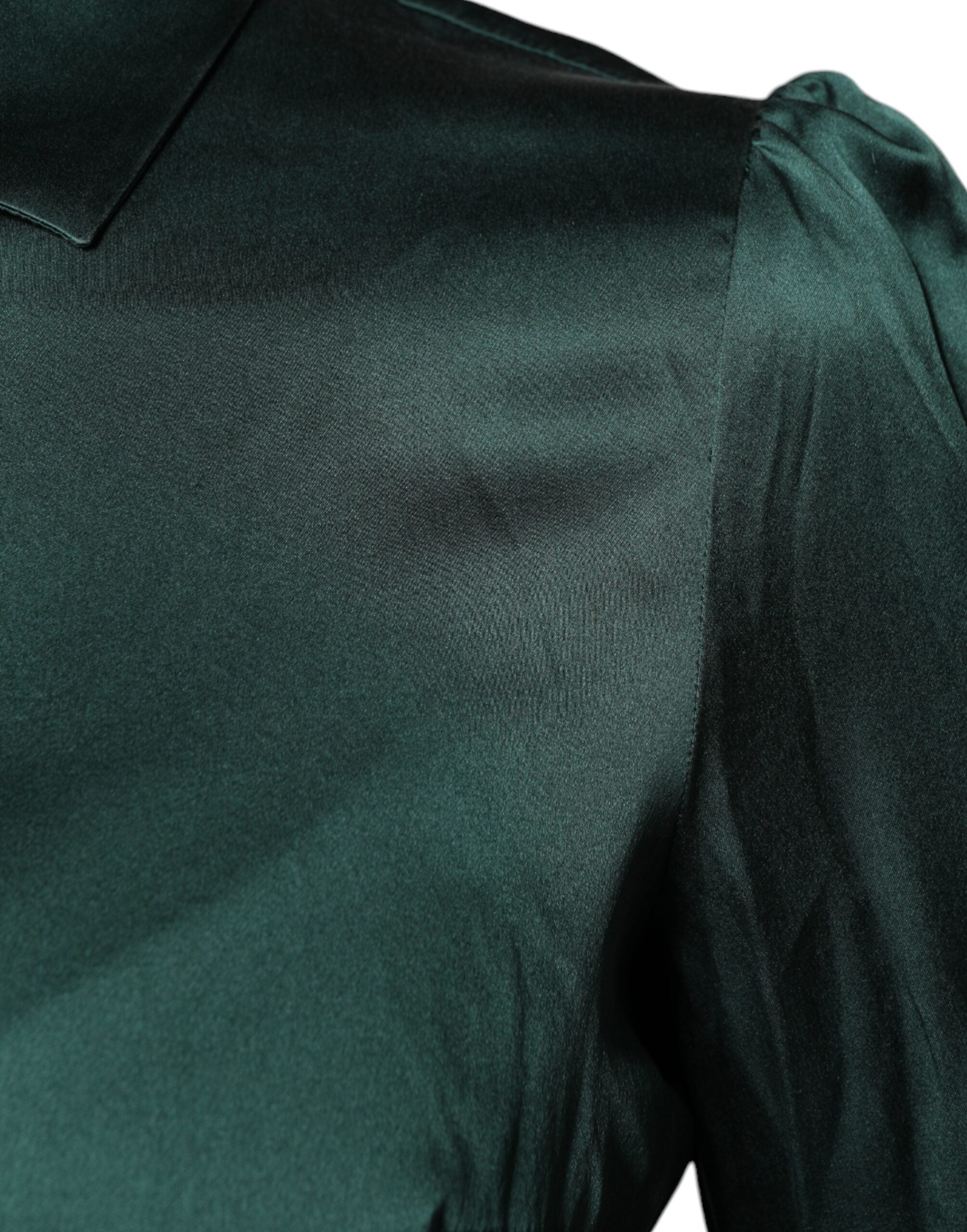 Dark Green Silk Button Down Long Sleeves Blouse Top - ventzia