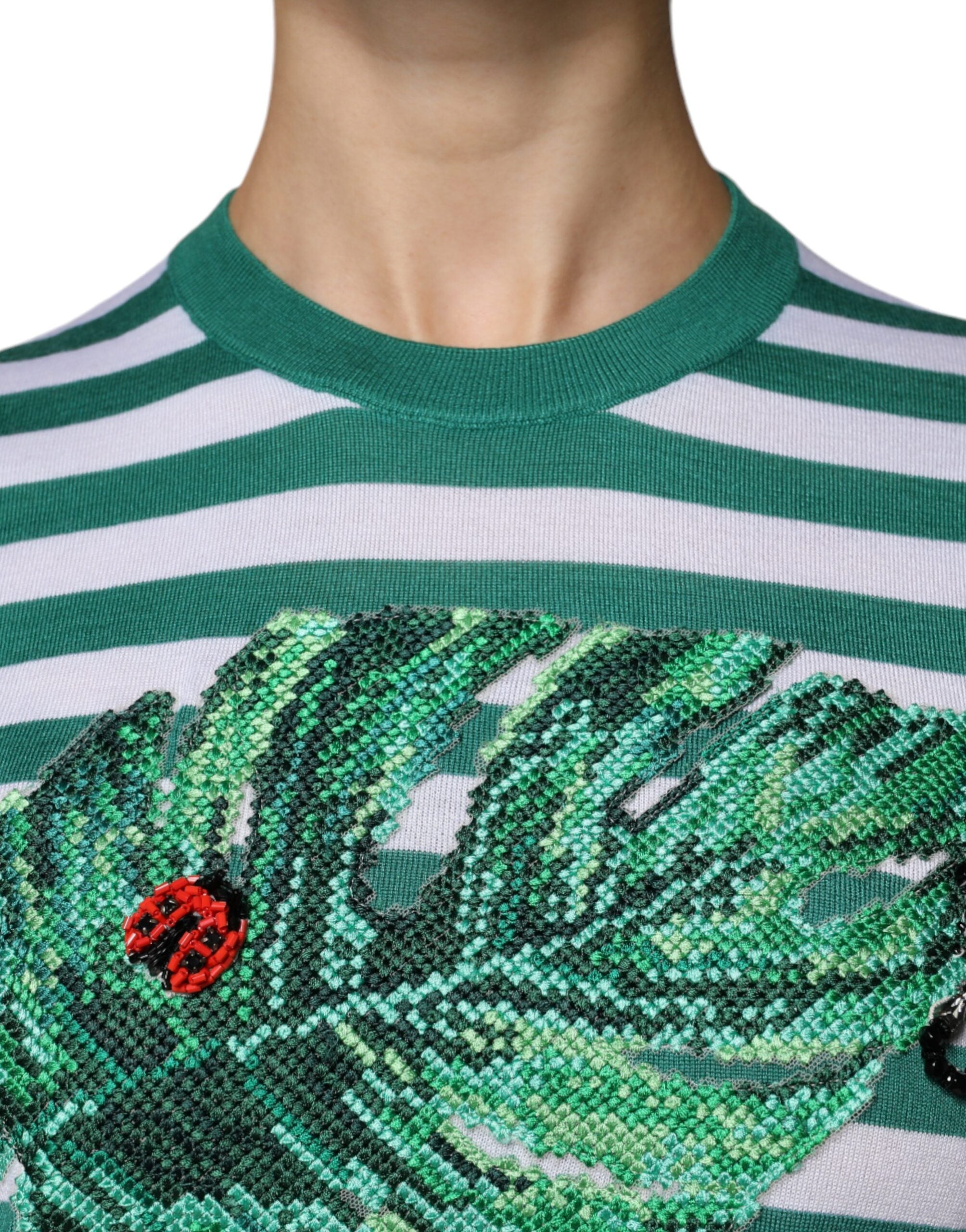 White Green Stripe Leaf Crew Neck T-shirt - ventzia