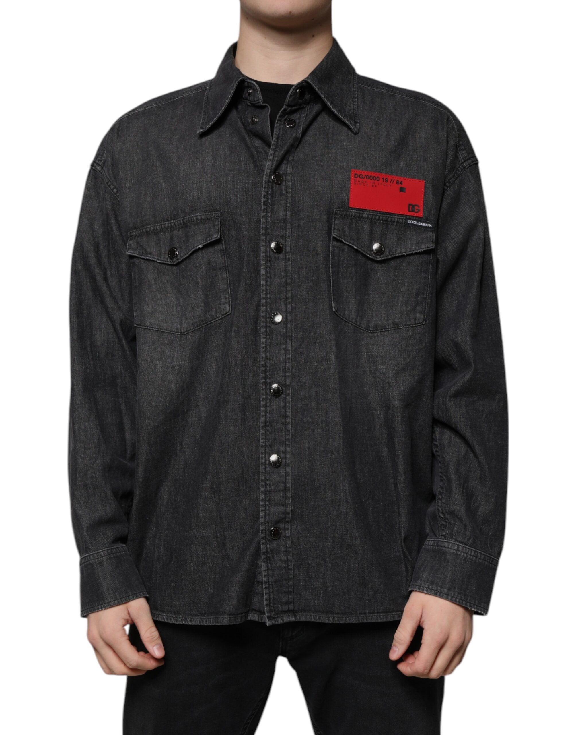 Black Logo Cotton Button Down Denim Shirt - ventzia