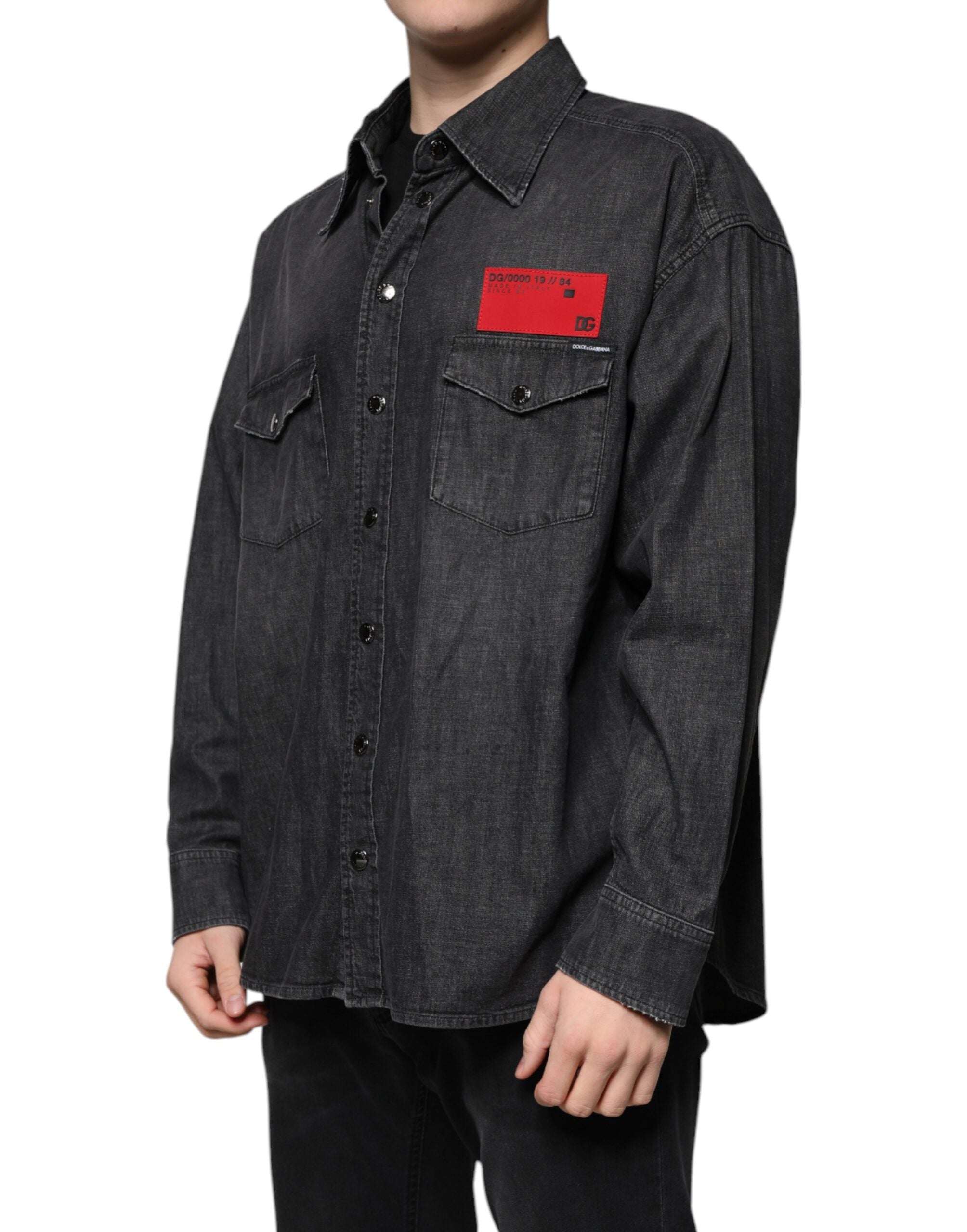 Black Logo Cotton Button Down Denim Shirt - ventzia
