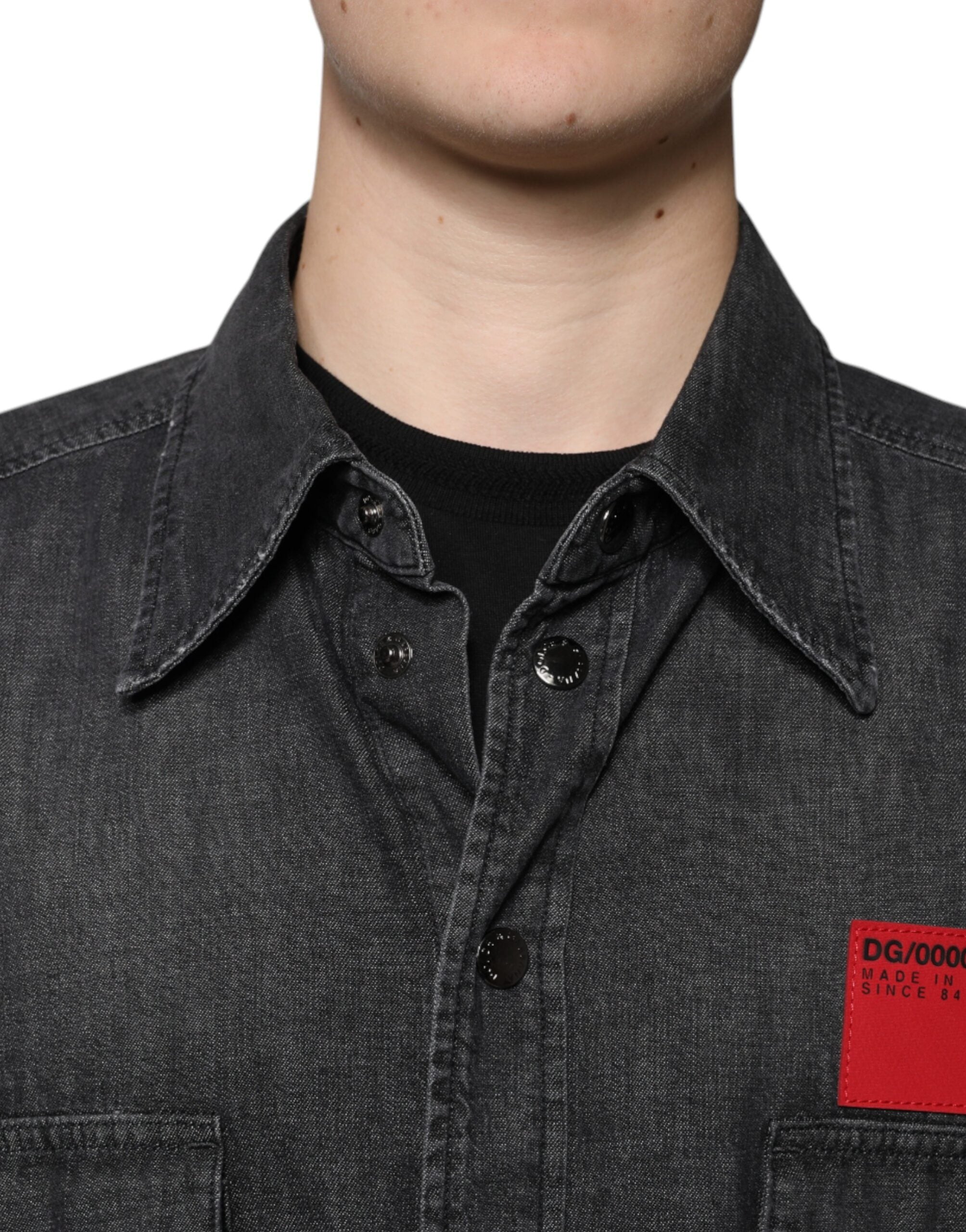 Black Logo Cotton Button Down Denim Shirt - ventzia