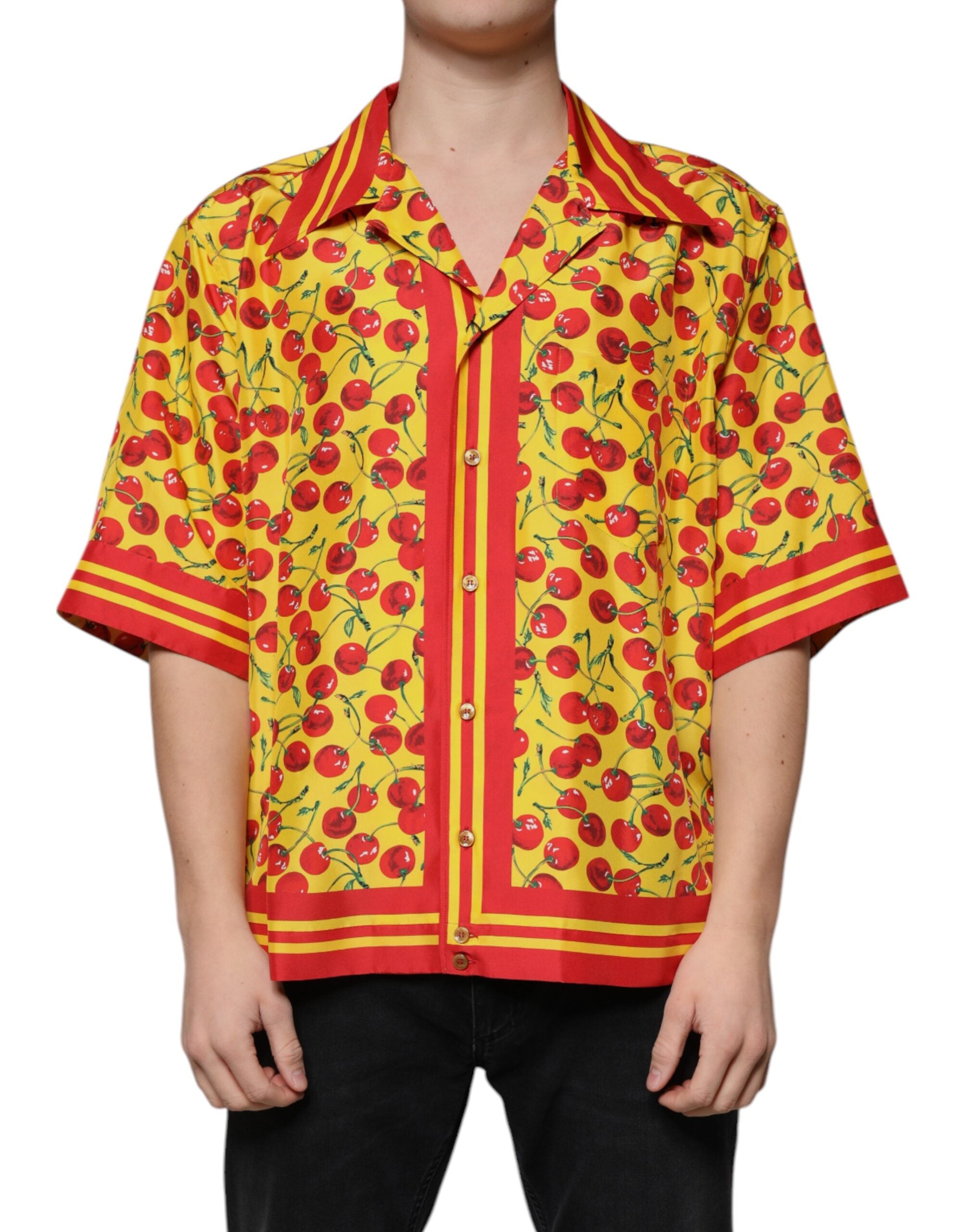 Yellow Cherry Button Down Silk Casual Shirt - ventzia