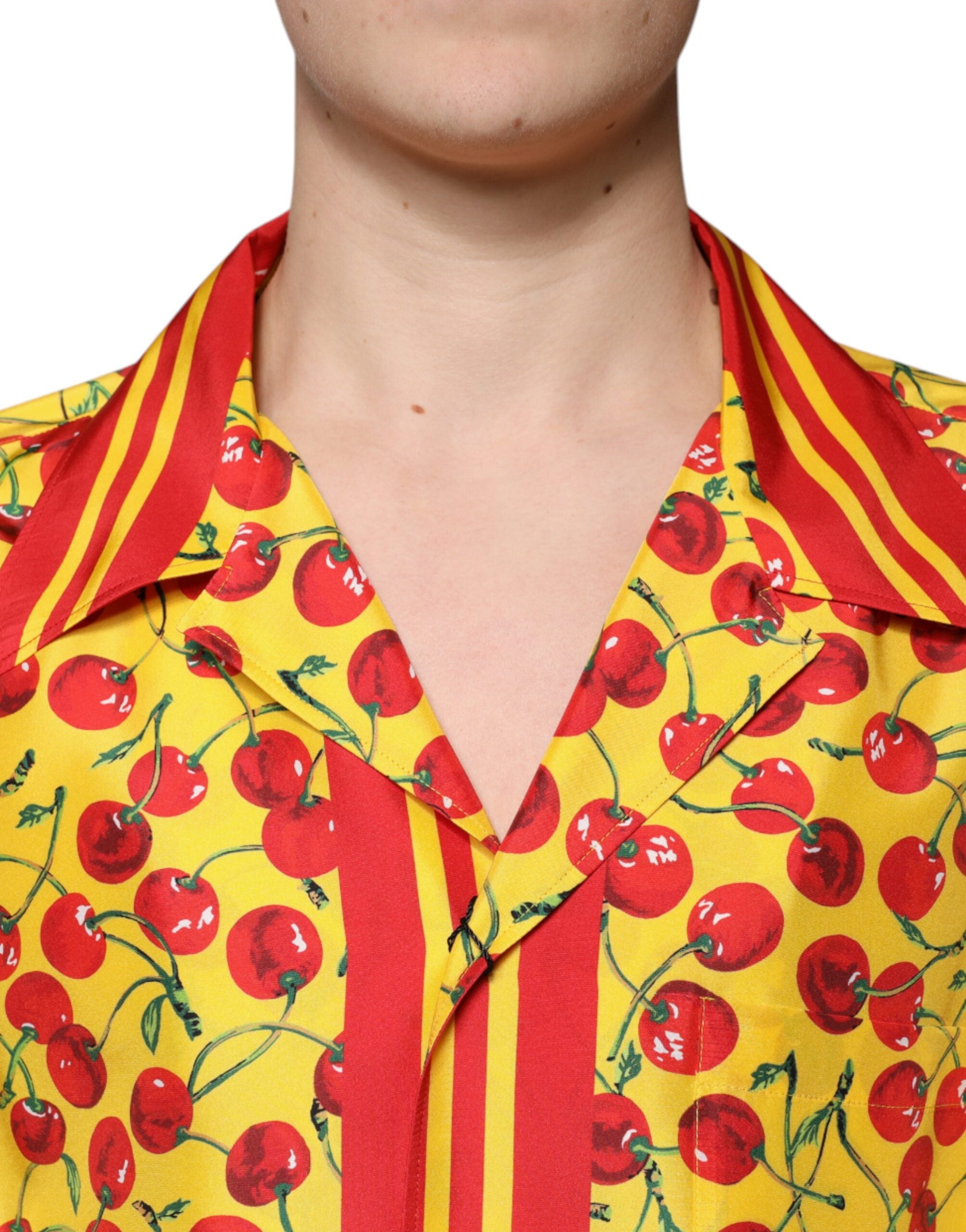 Yellow Cherry Button Down Silk Casual Shirt - ventzia
