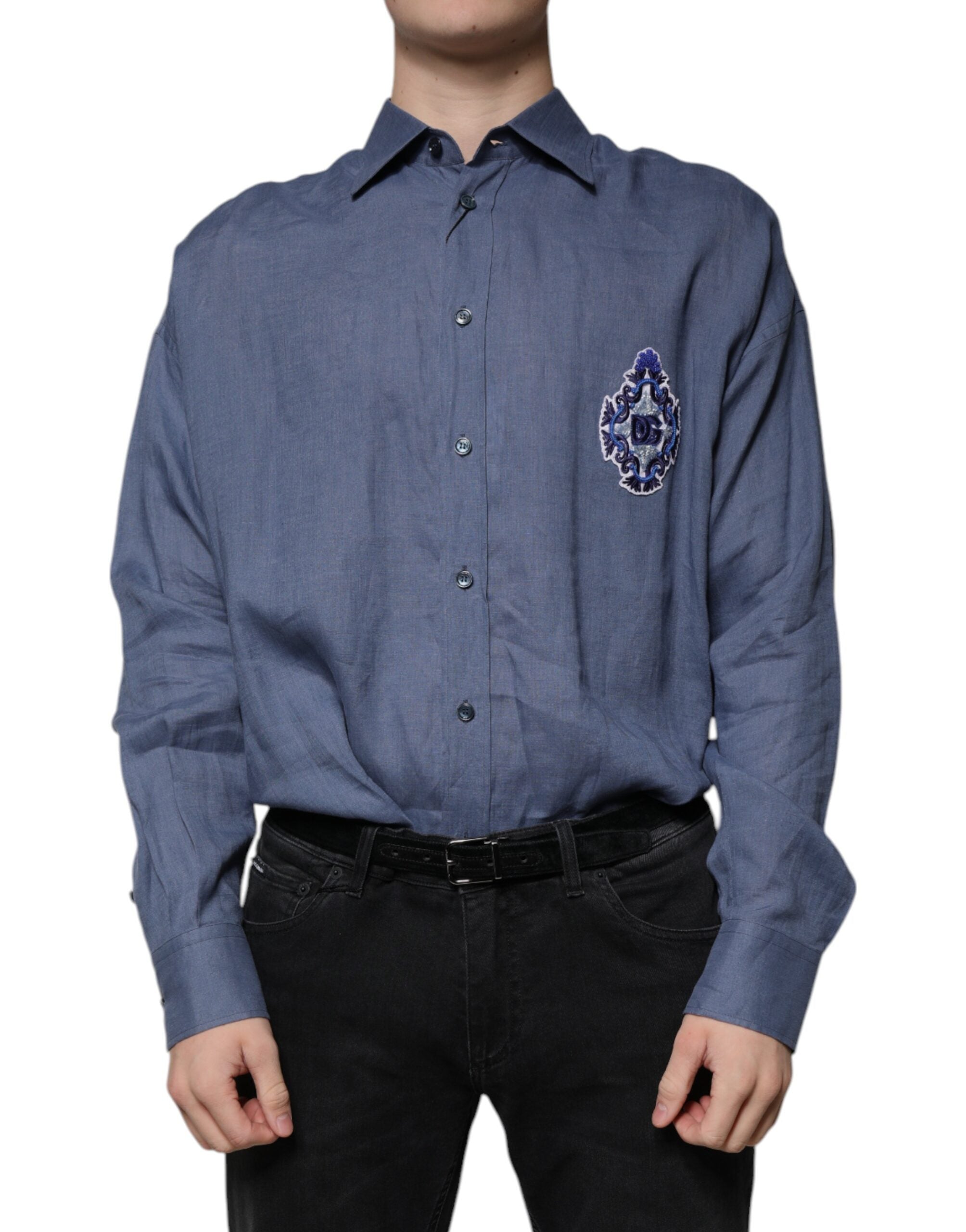Blue Logo Long Sleeve Button Down Casual Shirt - ventzia