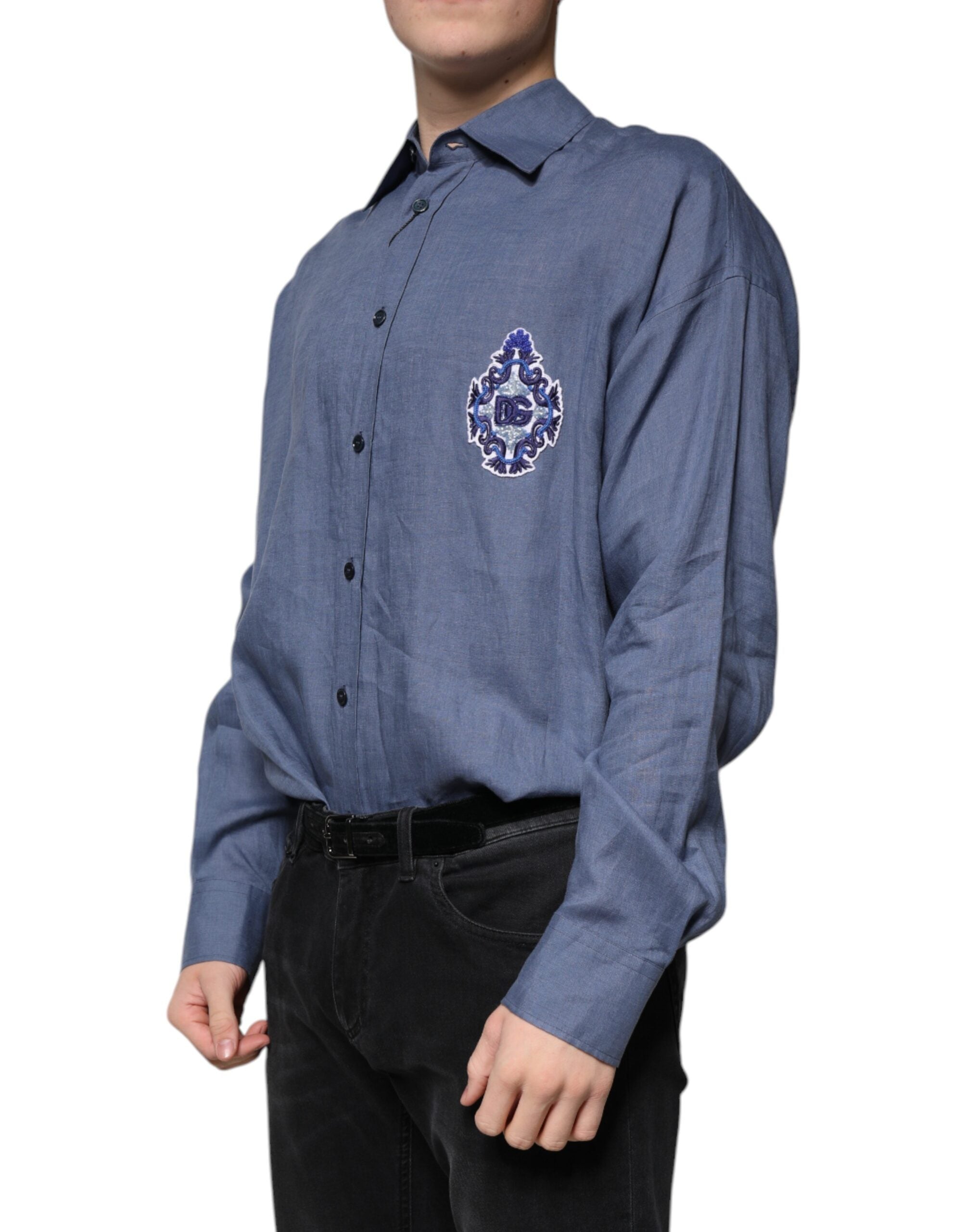 Blue Logo Long Sleeve Button Down Casual Shirt - ventzia