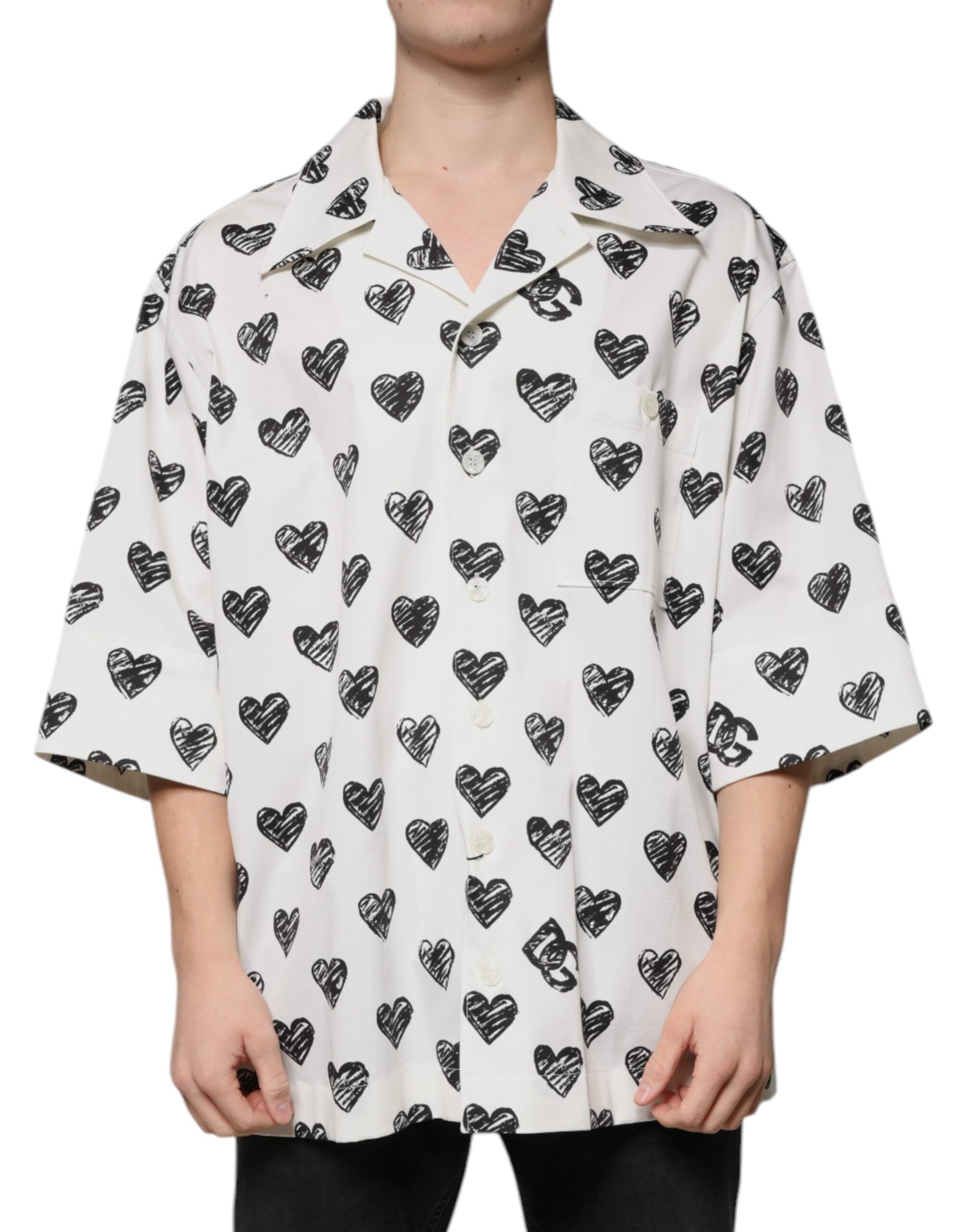 White Heart Print Short Sleeve Casual Shirt - ventzia