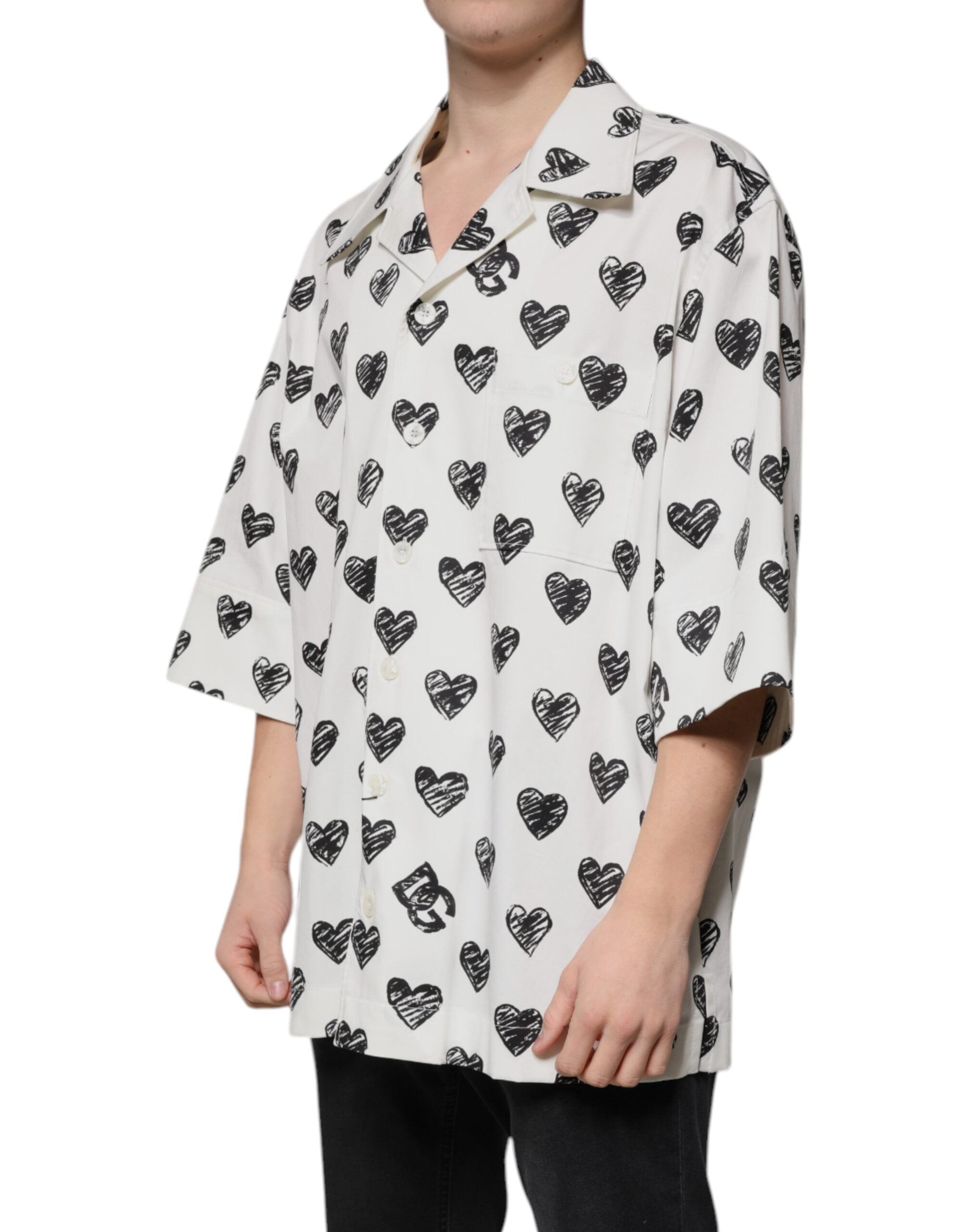 White Heart Print Short Sleeve Casual Shirt - ventzia