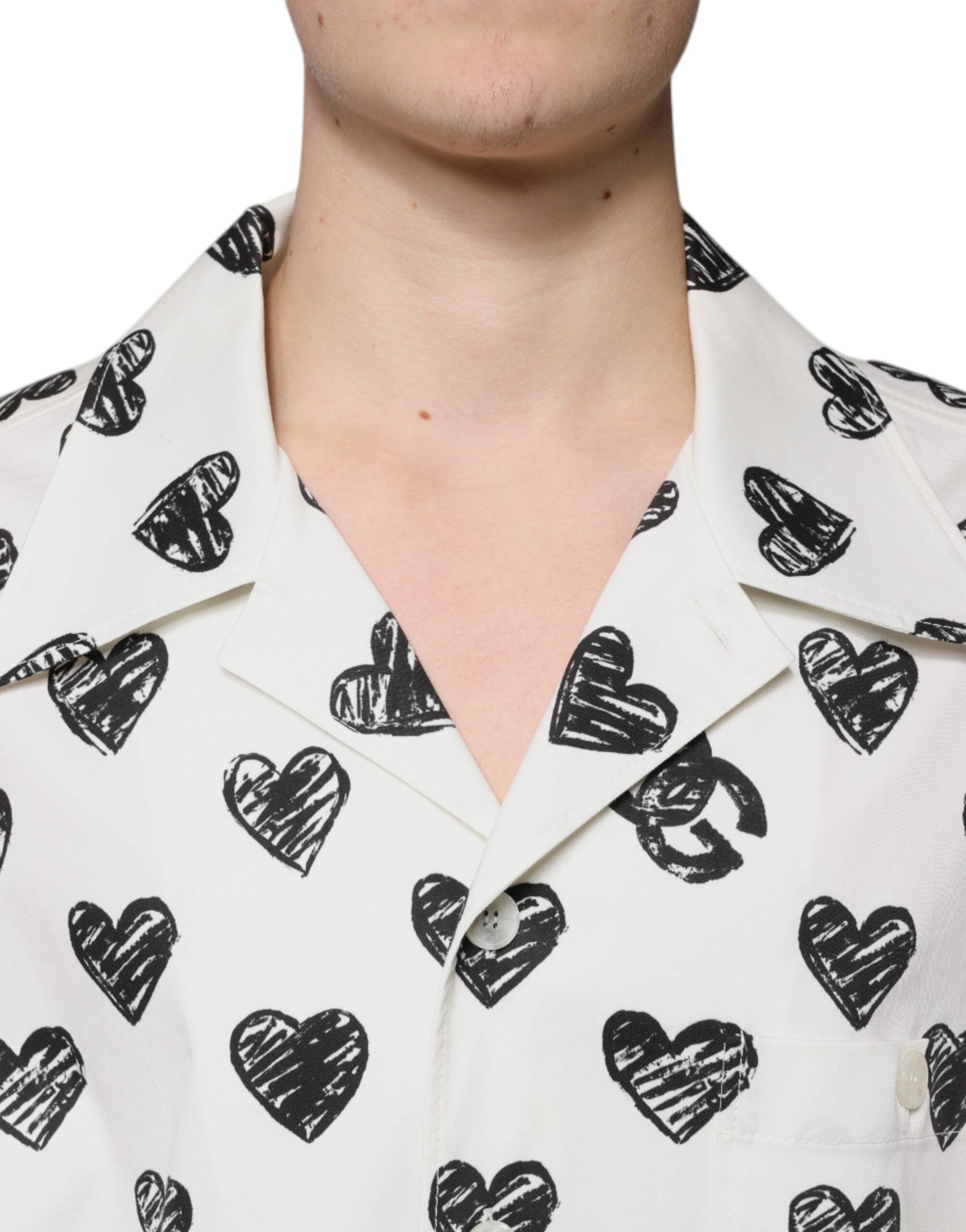 White Heart Print Short Sleeve Casual Shirt - ventzia