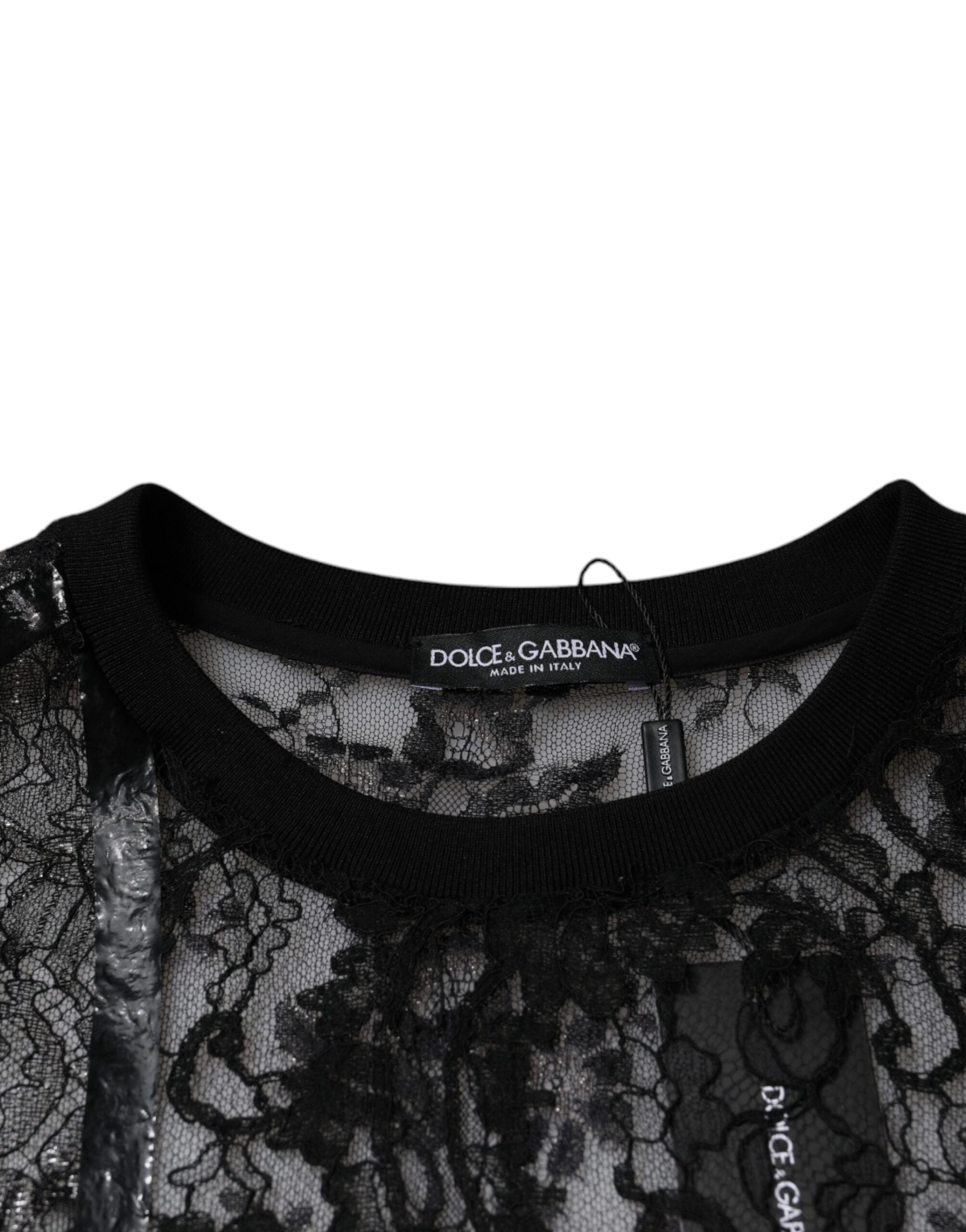 Black Nylon Floral Lace Crew Neck T-shirt - ventzia