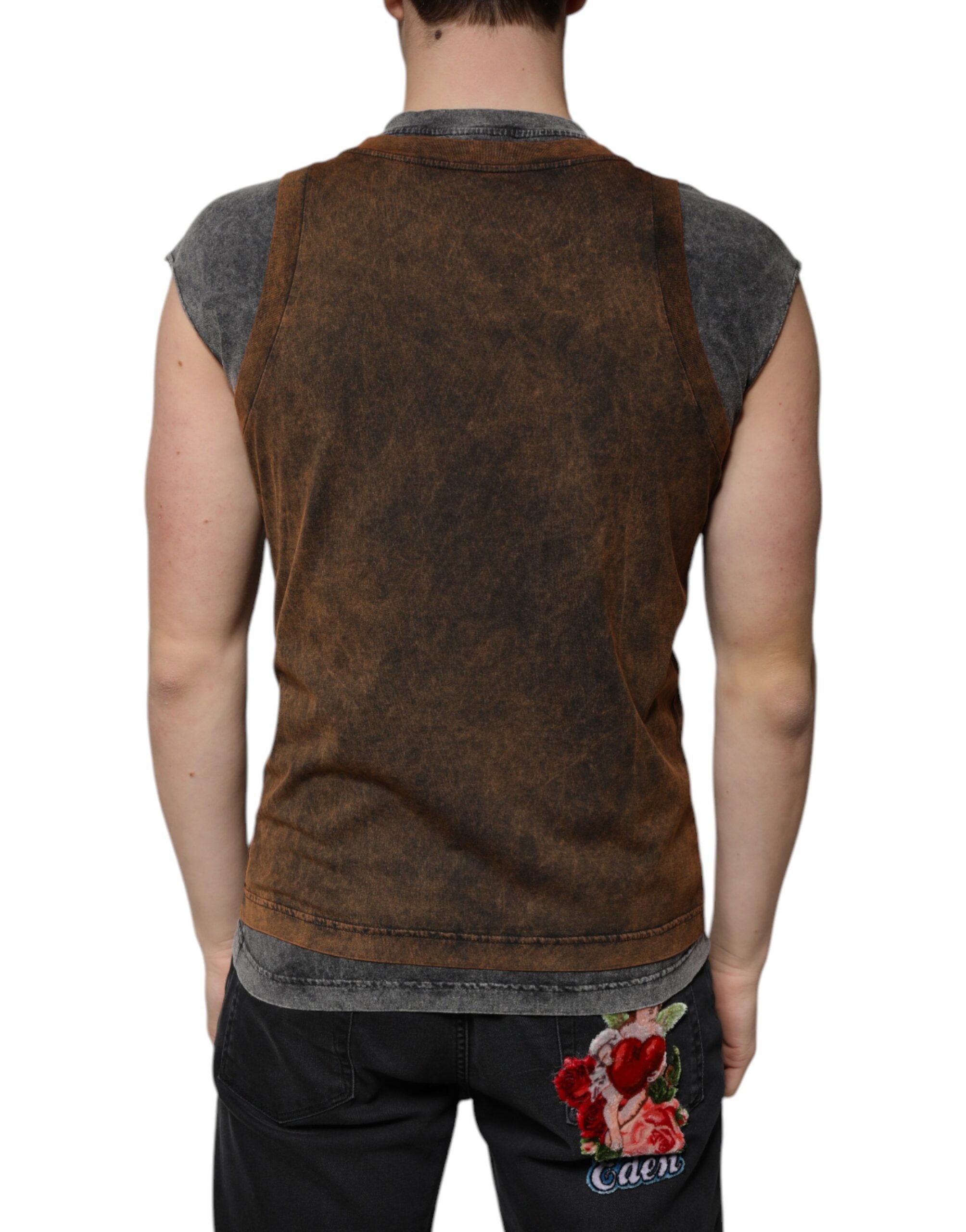 Brown Cotton Crew Neck Sleeveless T-shirt - ventzia
