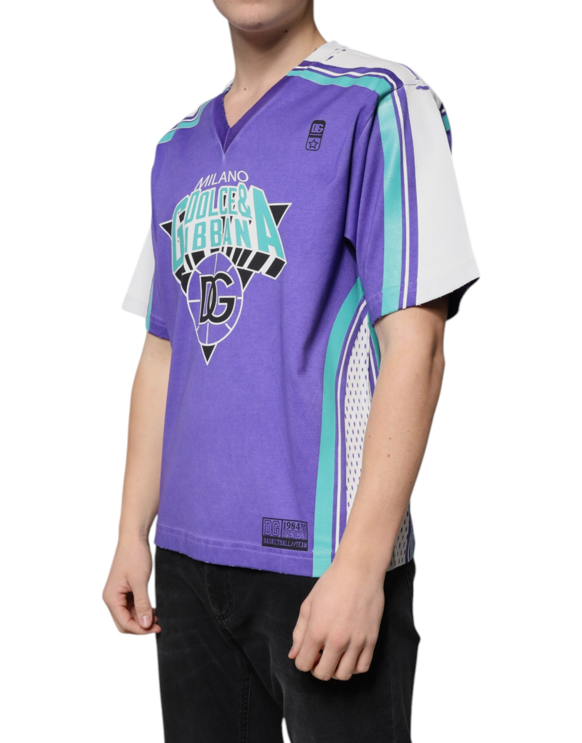 Purple Logo Jersey Cotton V-neck T-shirt - ventzia