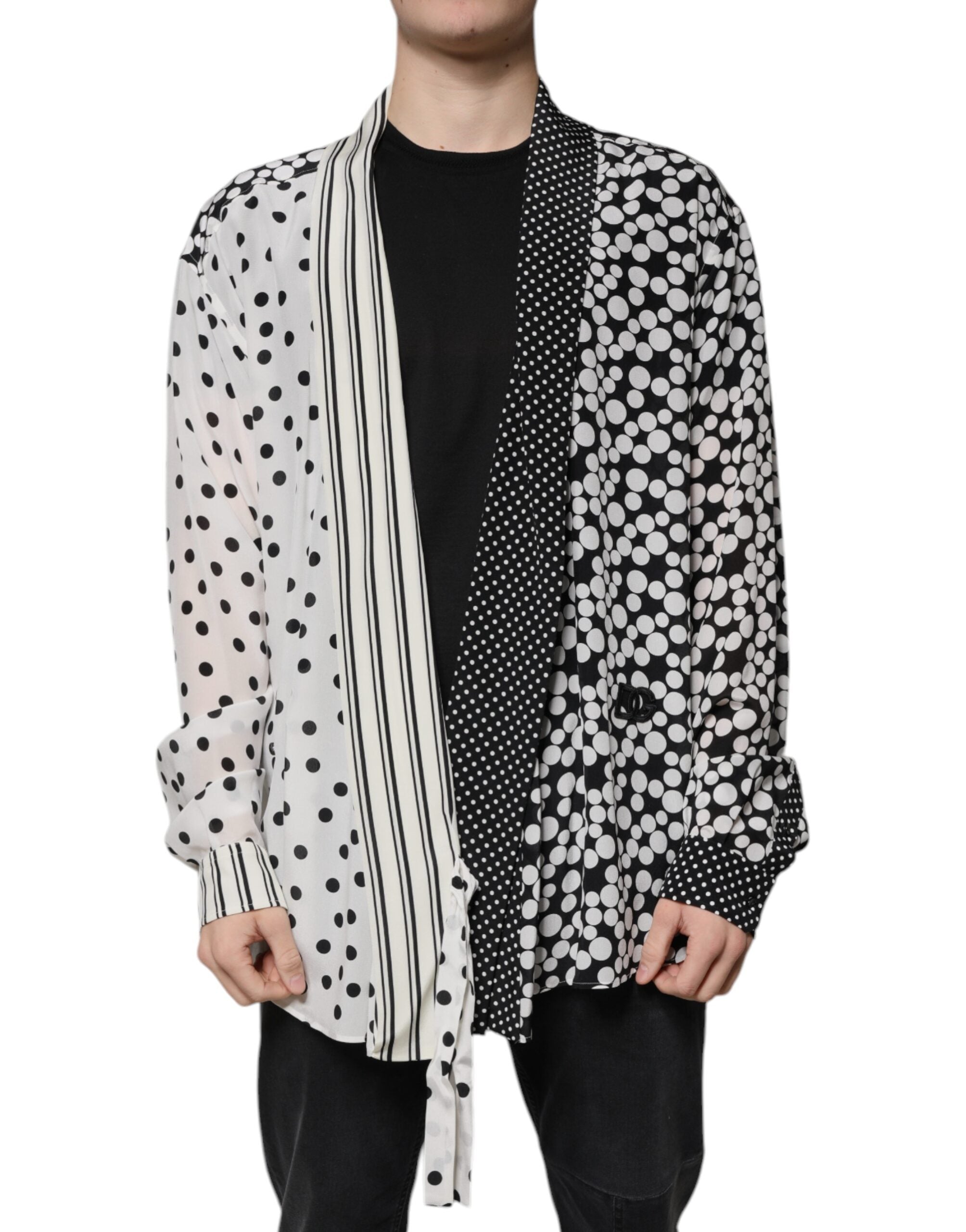 Black White Polka Dots Silk Men Casual Shirt - ventzia