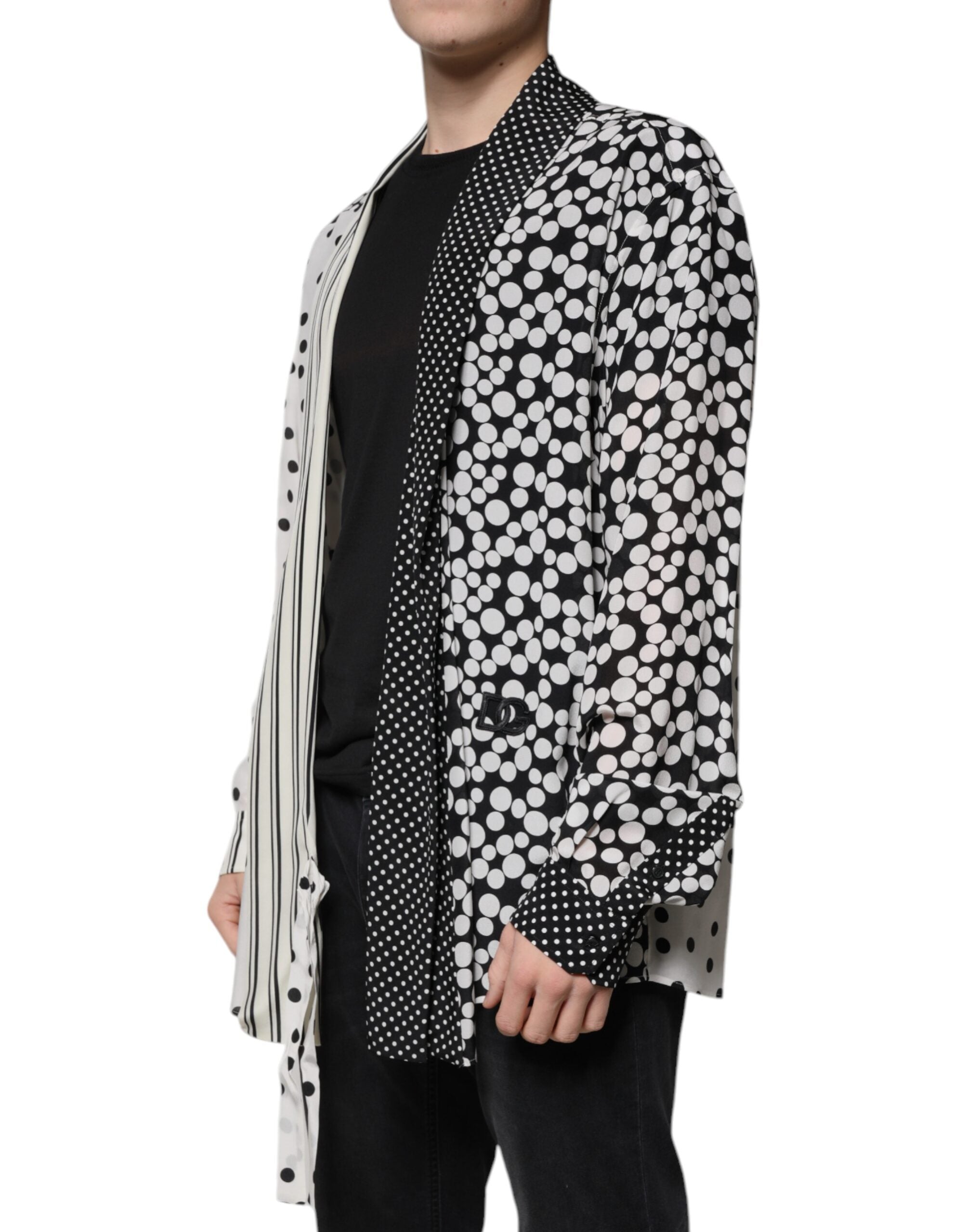 Black White Polka Dots Silk Men Casual Shirt - ventzia