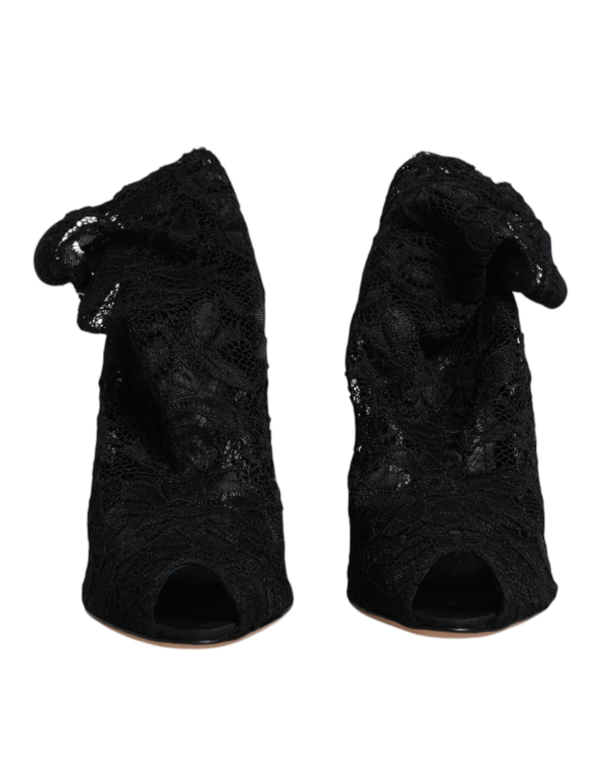 Black Lace Stretch Heels Mid Calf Boots Shoes - ventzia