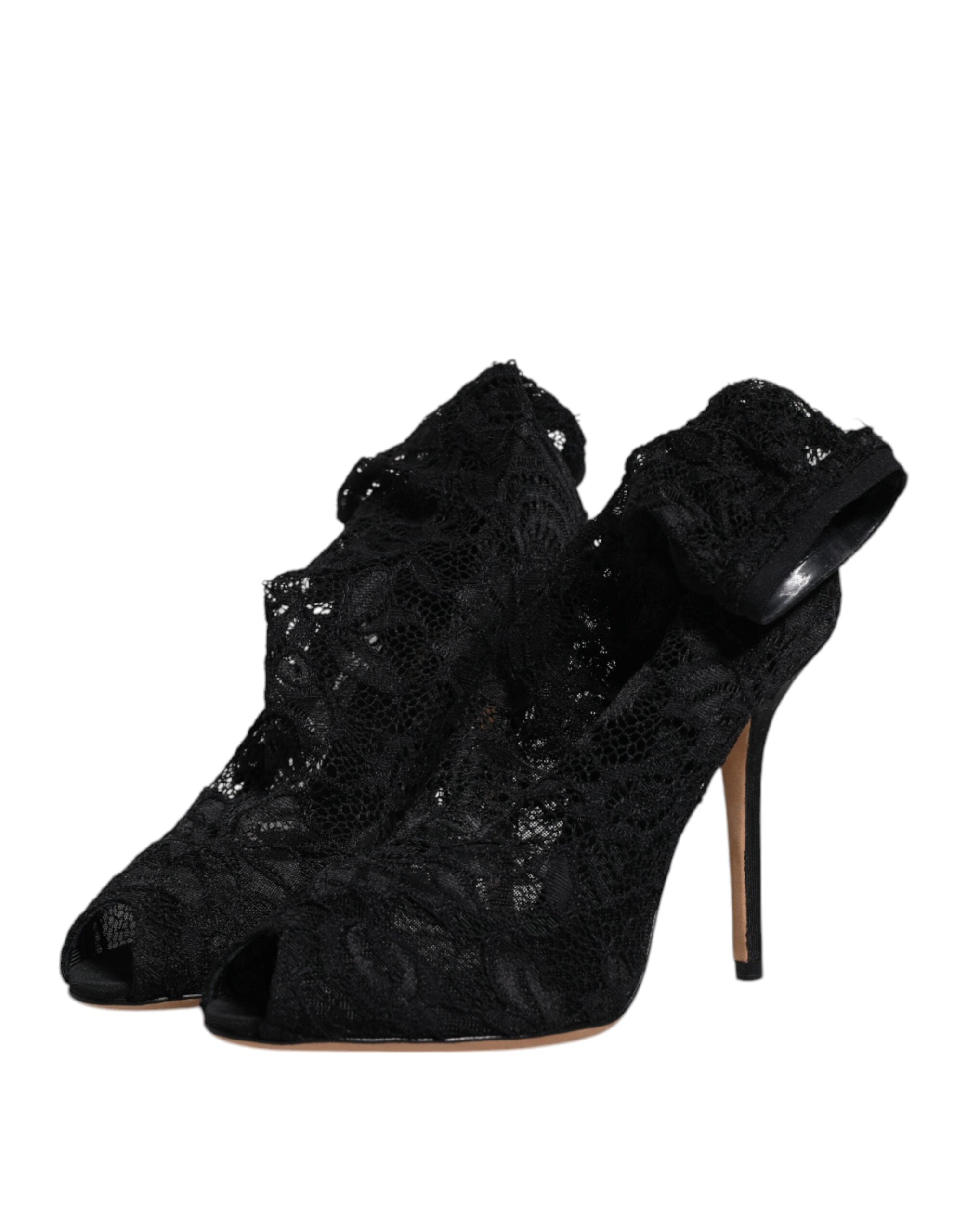 Black Lace Stretch Heels Mid Calf Boots Shoes - ventzia