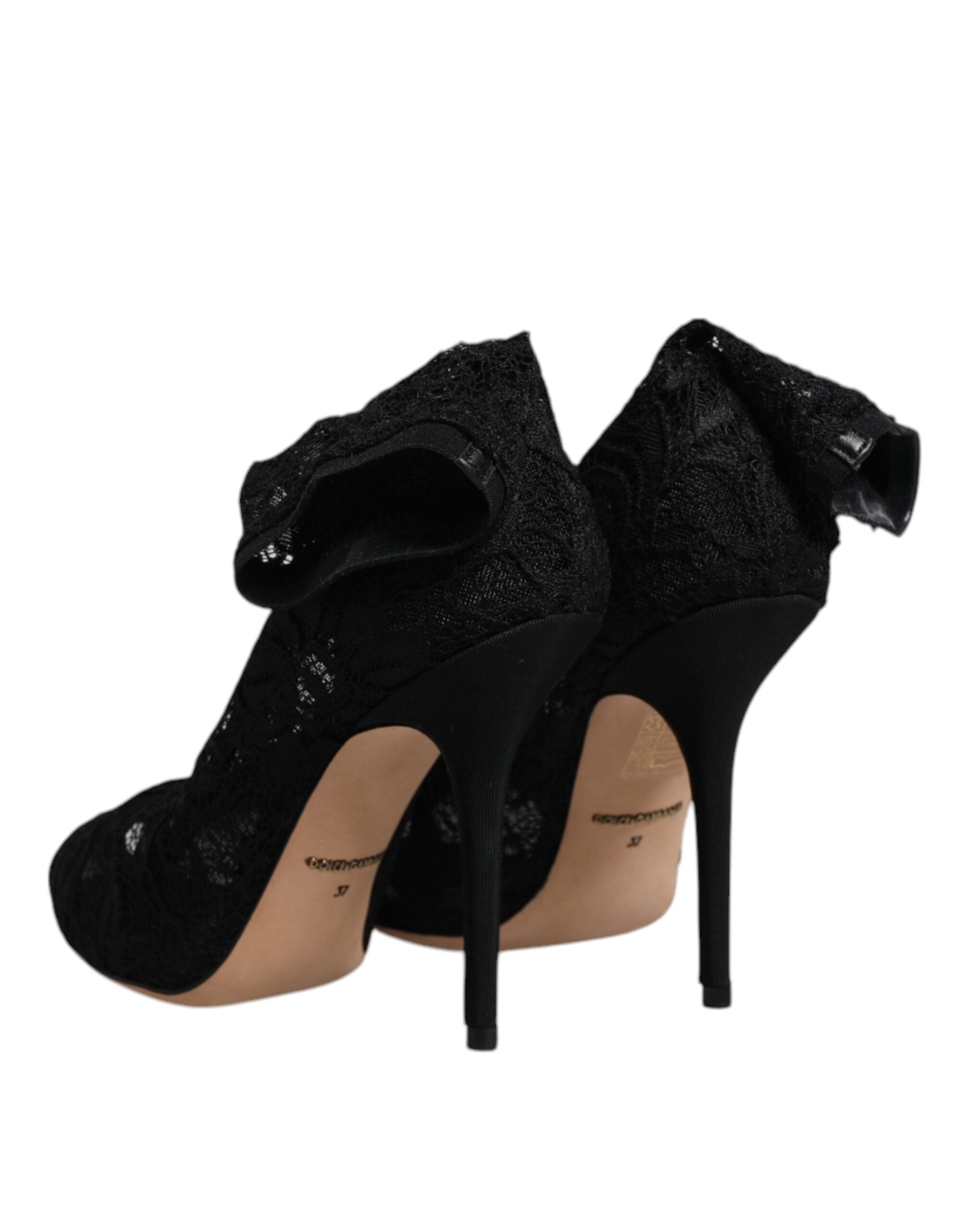 Black Lace Stretch Heels Mid Calf Boots Shoes - ventzia