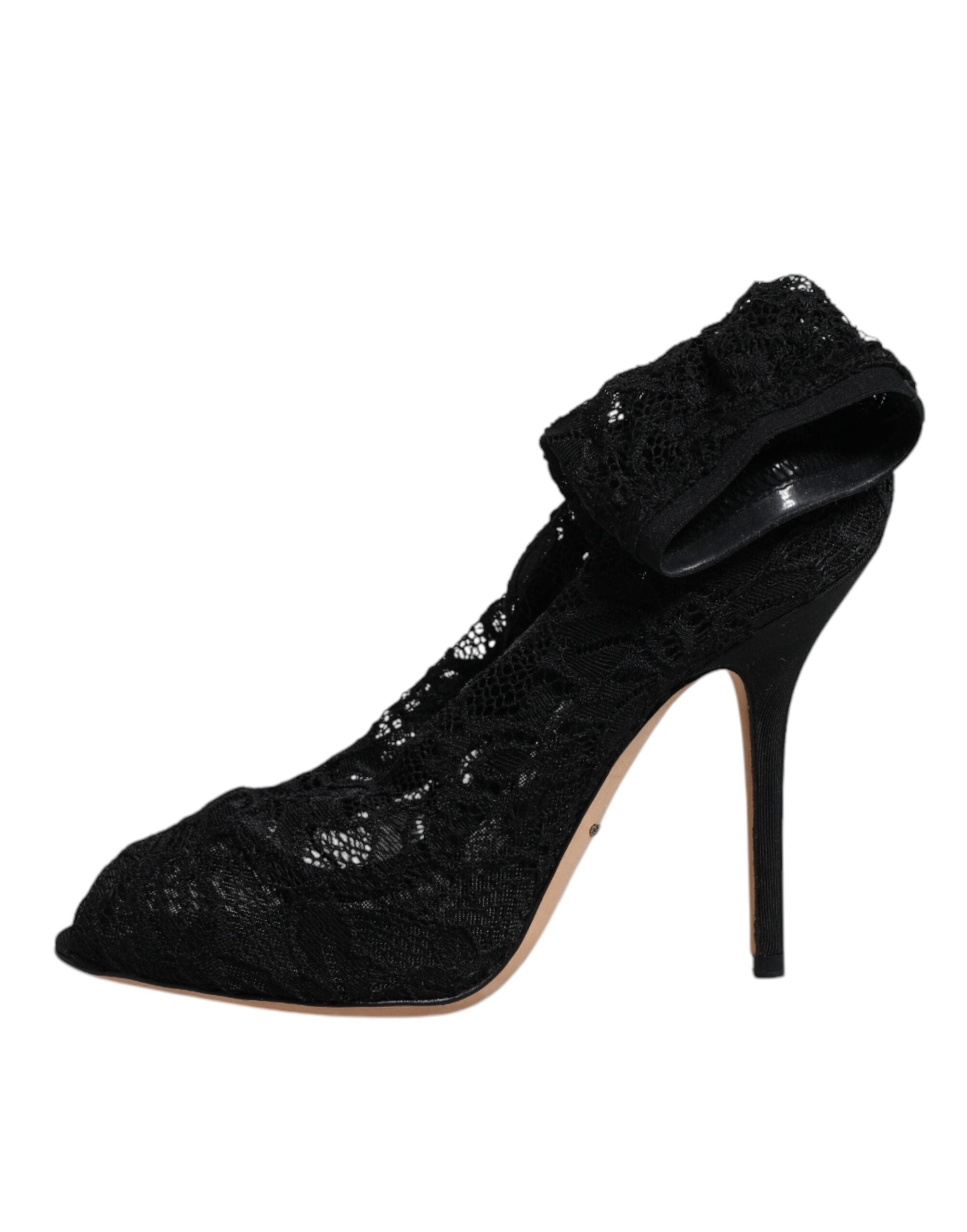 Black Lace Stretch Heels Mid Calf Boots Shoes - ventzia