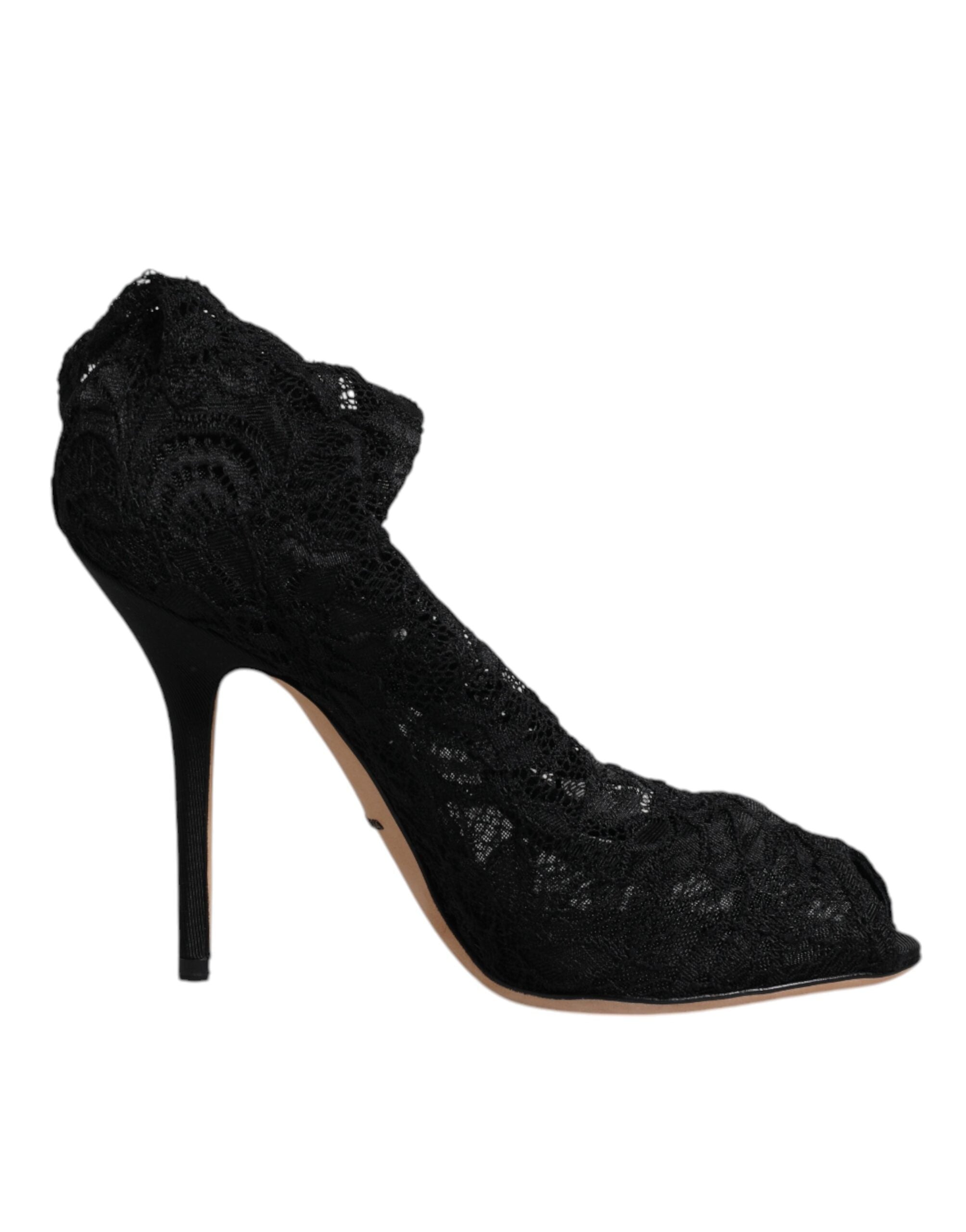 Black Lace Stretch Heels Mid Calf Boots Shoes - ventzia